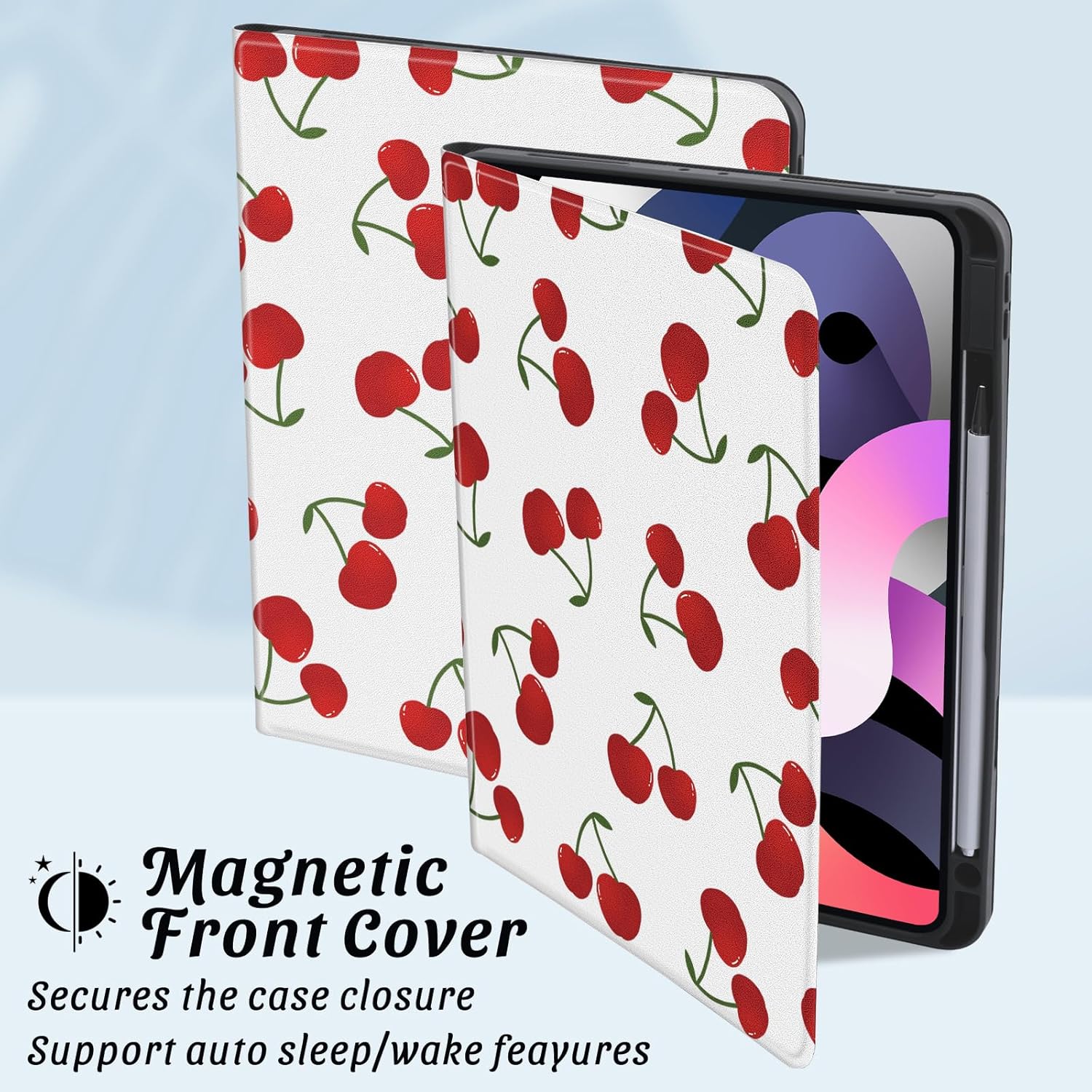 Idocolors Kawaii Cherry Case for 10.9" iPad A16 2025/2022(10th/11th Gen) with Pencil Holder, Auto Wake/Sleep Leather Soft TPU Back Cover for Women Girls