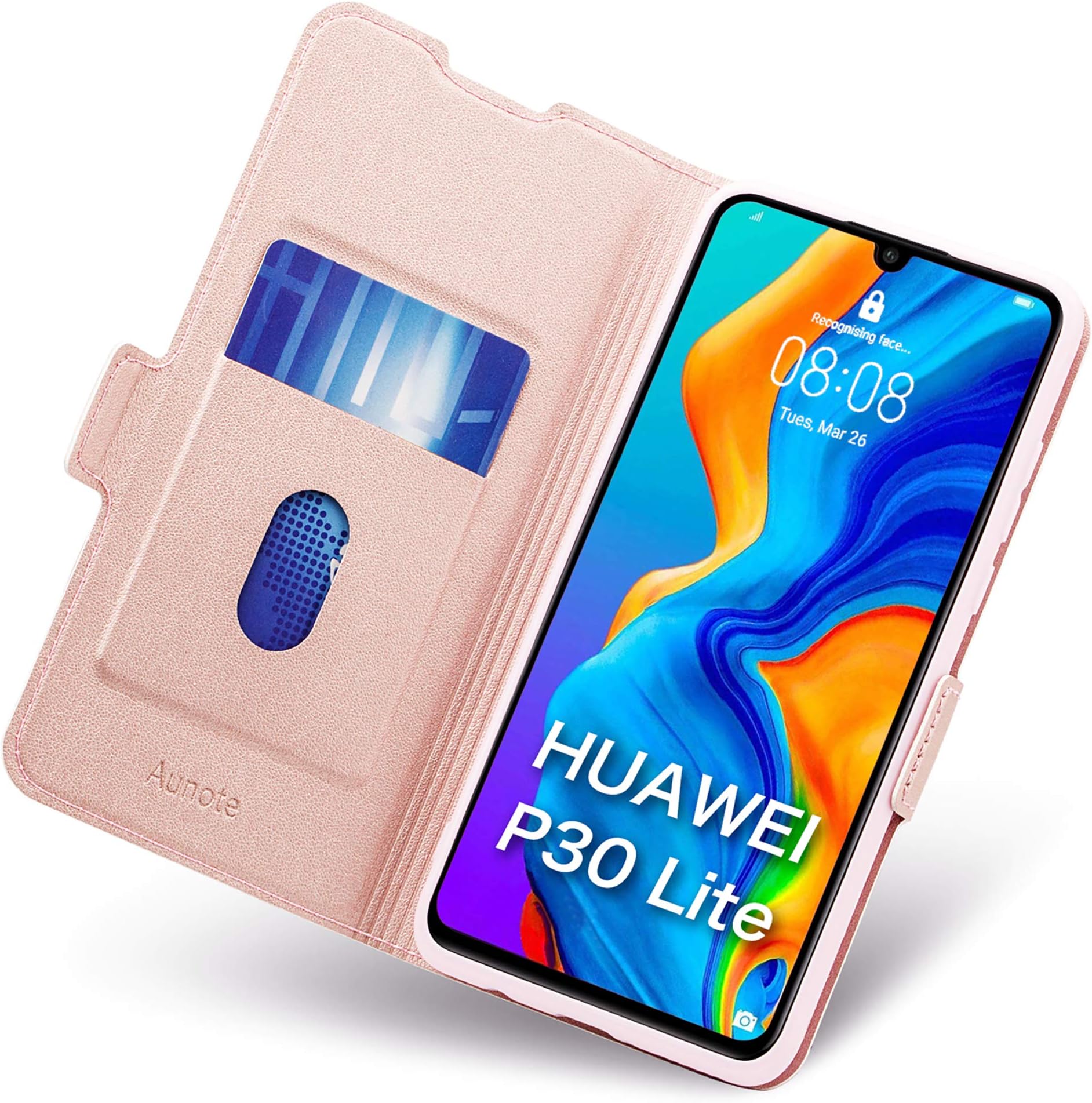 Aunote Huawei P30 Lite Case Wallet, Huawei P30 Lite Cases with Card Holder, Kickstand, P30 Lite Phone Cases, Ultra Slim Huawei P30 Lite Leather Case, Flip/Folio Phone Cover Full Protection. Rose Gold