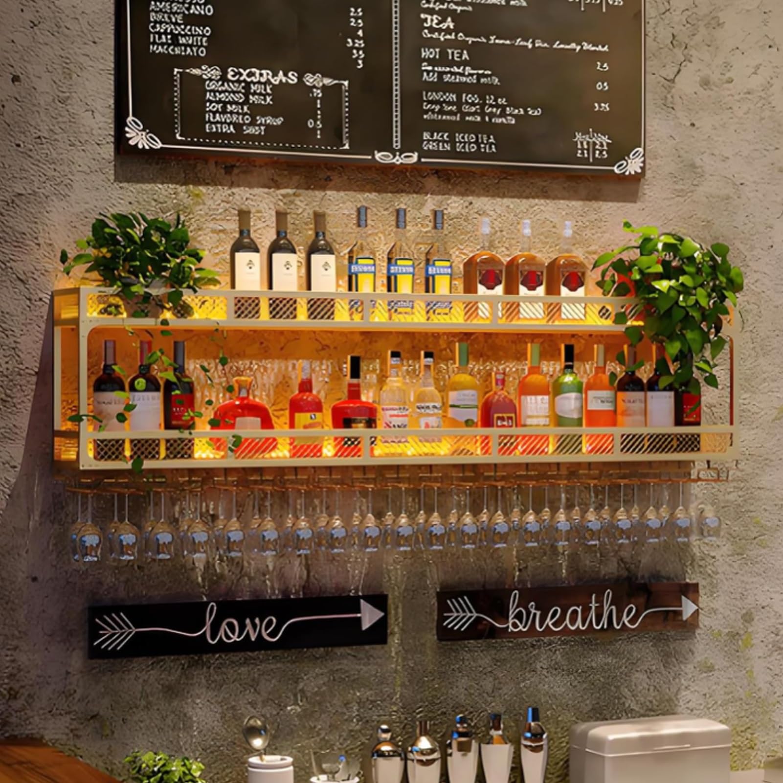 Étagère à vin murale en métal noir au design épuré avec bandeau LED