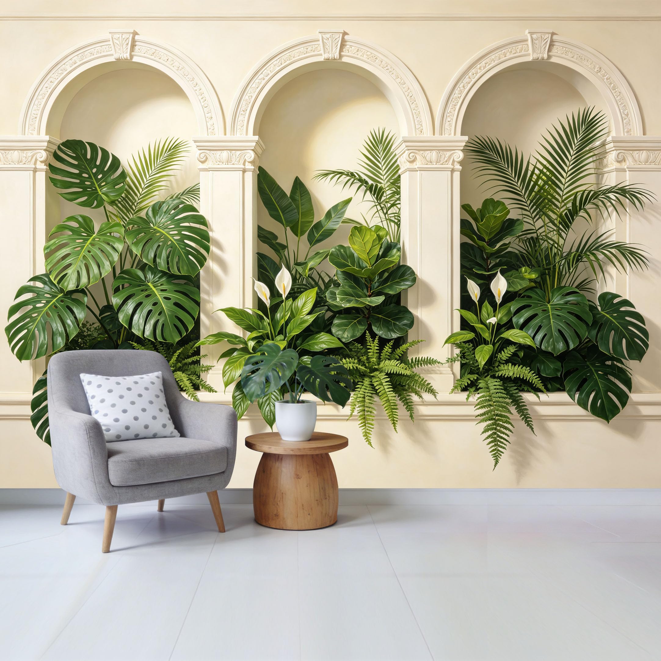 Custom Size Wall Mural Tropical Botanical Green Leaves with Monstera Palm Ferns Arch Window Design Removable Self Adhesive Fabric Home Wall Decor for Living Room Bedroom Bathroom