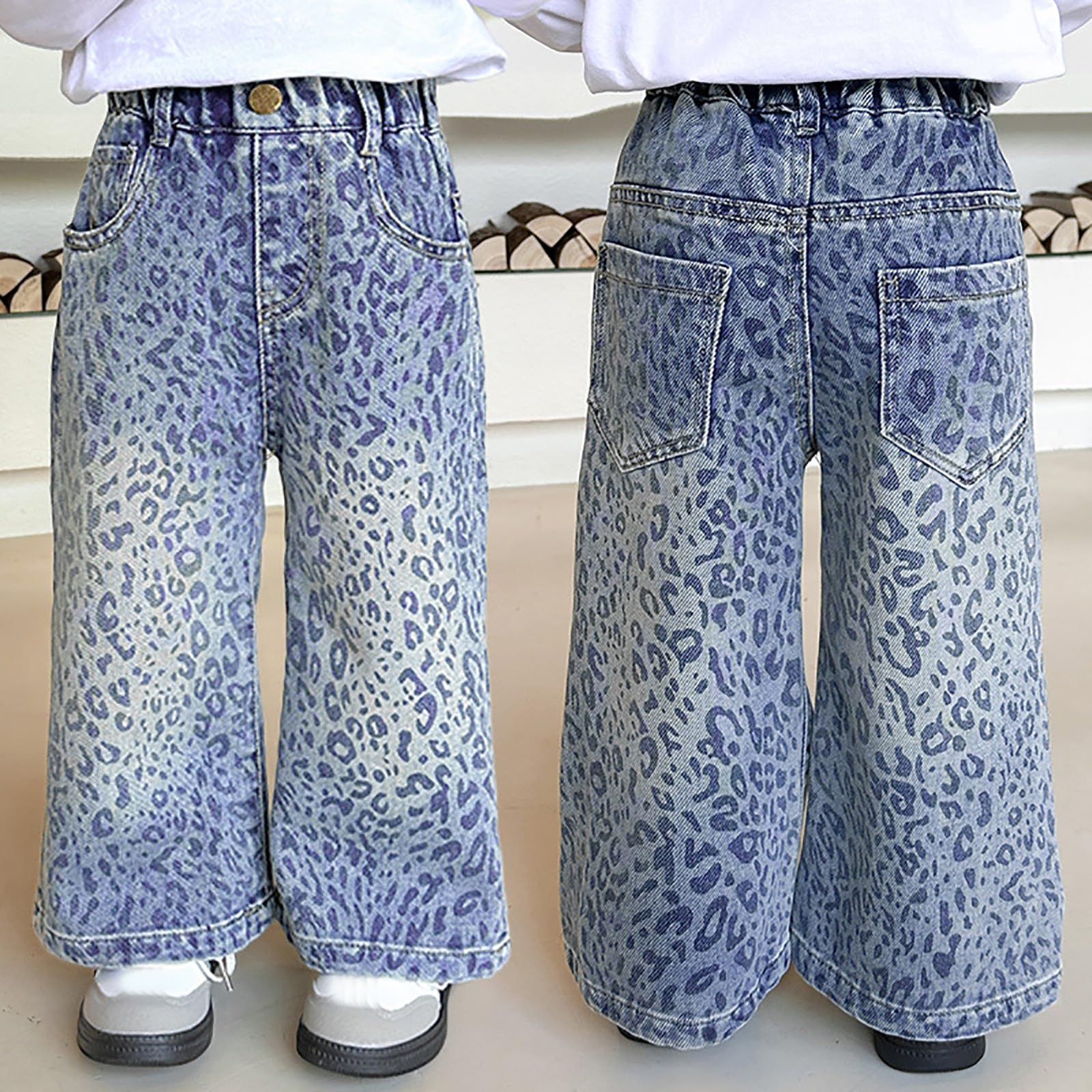 Generico Jeans Bambina 1-8 Anni Larghi Gamba Dritta Pantaloni Jeans Denim Ragazza Elasticizzati Vita Alta Leopardo Casual Pantaloni da Lavoro Cargo Ampio Primaverile Hip Hop Streetwear