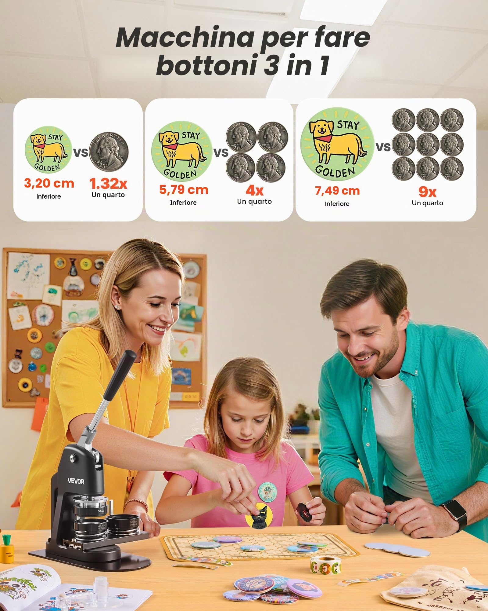 VEVOR Macchina per Spille, Macchina Punzonatrice Manuale con 300 pezzi di Badge Dimensioni 32/58/75mm, Impugnatura Ergonomica, per Spille Personalizzate Fai da te, Nero