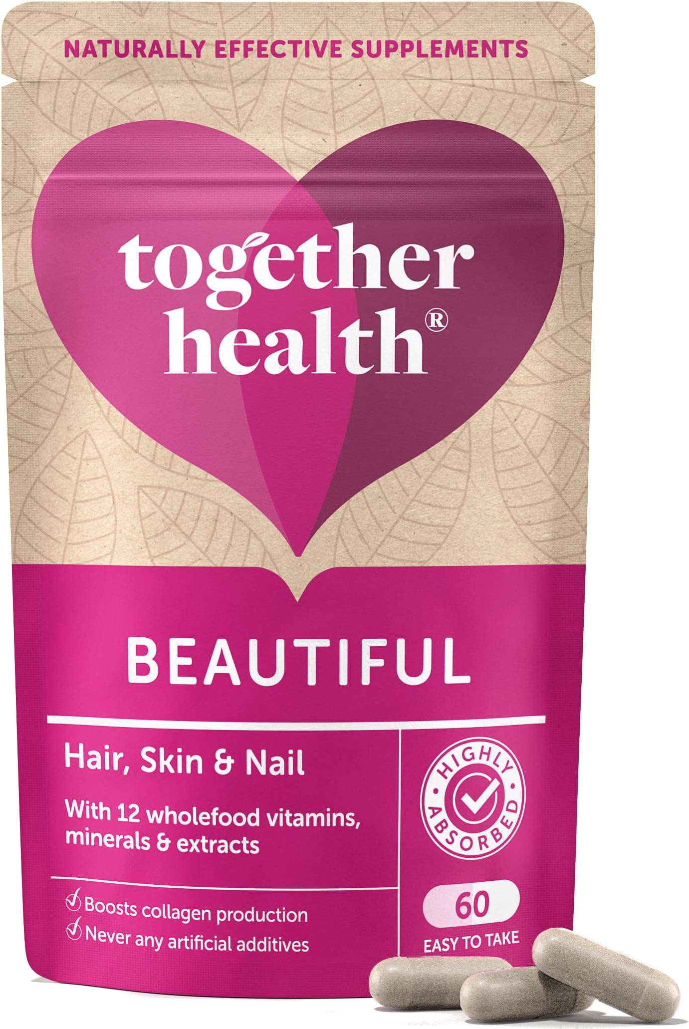 Beautiful Hair, Skin & Nail Daily – Together Health – Whole Food Nutrients – 10 Beauty-Specific Vitamins & Minerals – Hyaluronic Acid – Natural Silica – Vegan Friendly – Made in The UK – 60 Vegecaps