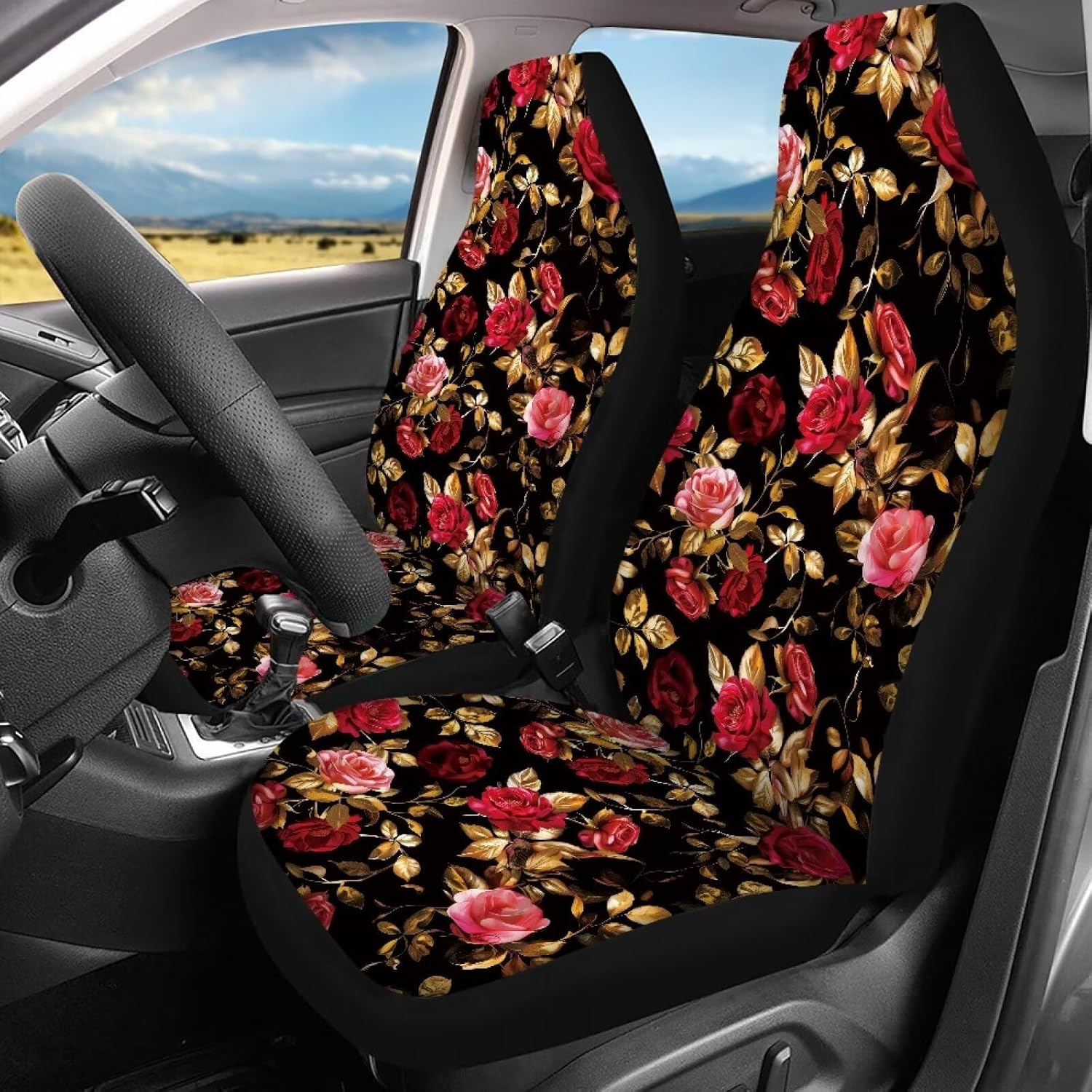 Red Rose Car Seat Covers Floral Car Accessories for Women Front and Back Bench Split Protector Universal Fit Most SUV Truck Interior Decorations