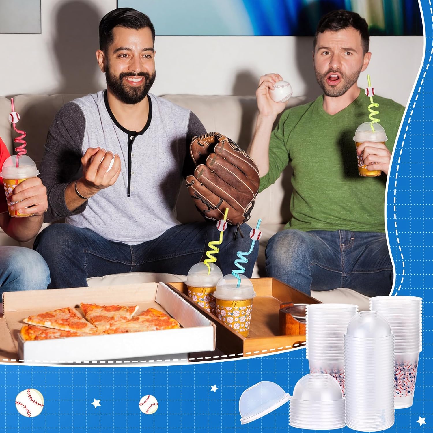 32 Pack Baseball Party Plastic Cups with Lids and Straws, 12 oz Clear Drinking Cups Bulk Tailgate Sports Party Decorations for Birthday, Holiday and Team Events