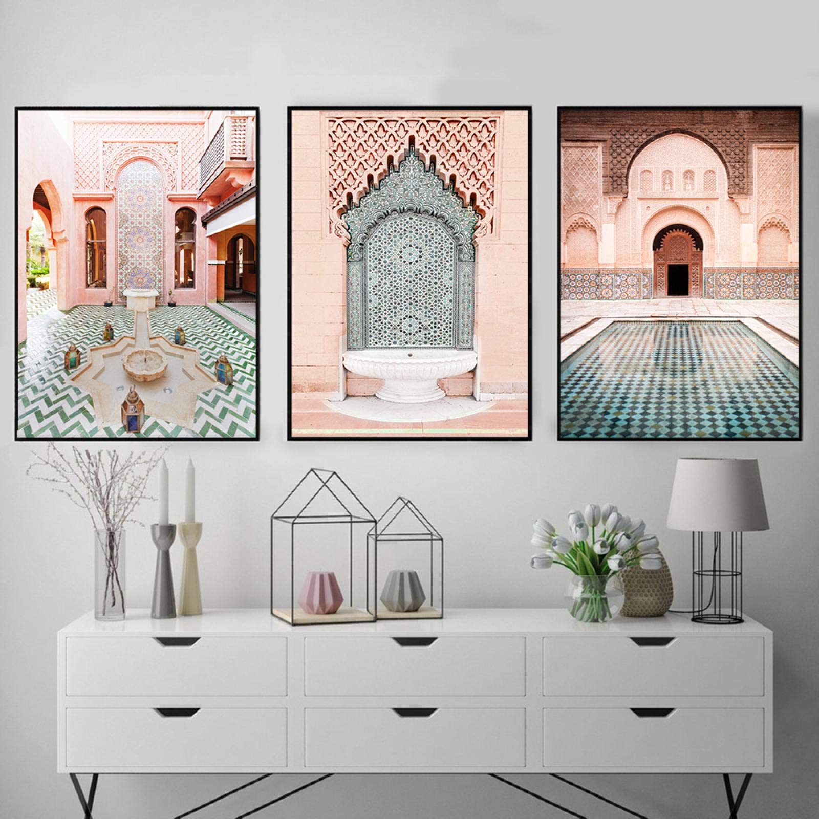 Yinaa 3 Pieces Moroccan Arch Old Door Canvas Paintings Islamic Building Poster Wall Art Modern Picture Print Living Room Decoration 50x80cmx3pcs frameless