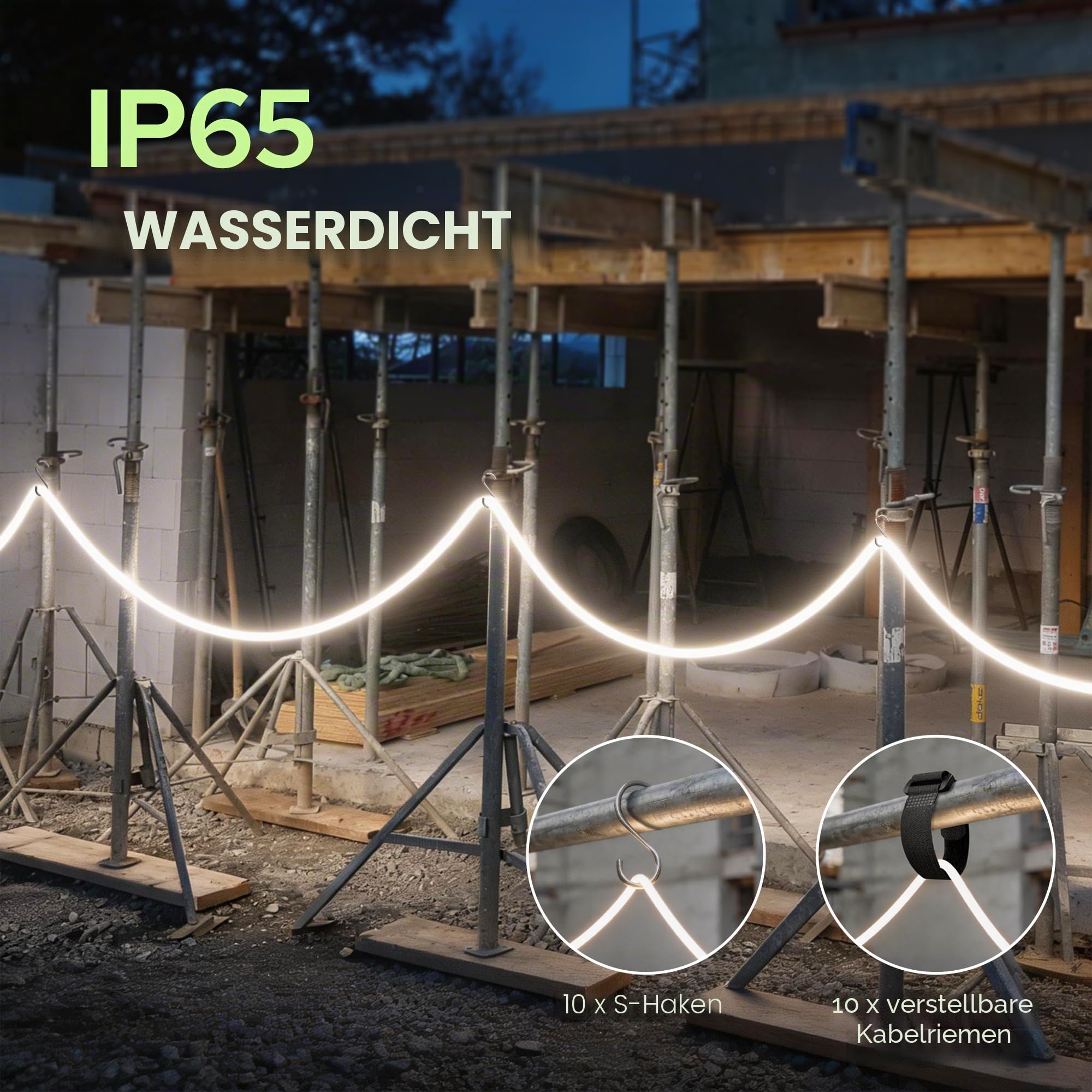 auralab AC LED Kabeltrommel 25m, 25.000 Lumen Superhell 4000K, IP65 Temporäre LED Streifen Baustellenbeleuchtung, Koppelbar bis zu 100m, LED Streifen mit Trommel mit 10 S-Haken & 10 Riemen