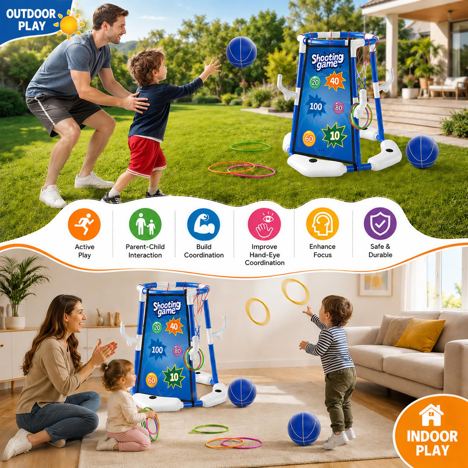Sternstunde Pool Basketballkorb Kinder mit 4 Basketballs, 12 Wurfringen, 12 Klebebällen und 2 Veloursstoffen, Wasserspielzeug Kinder Outdoor & Pool Spielzeug