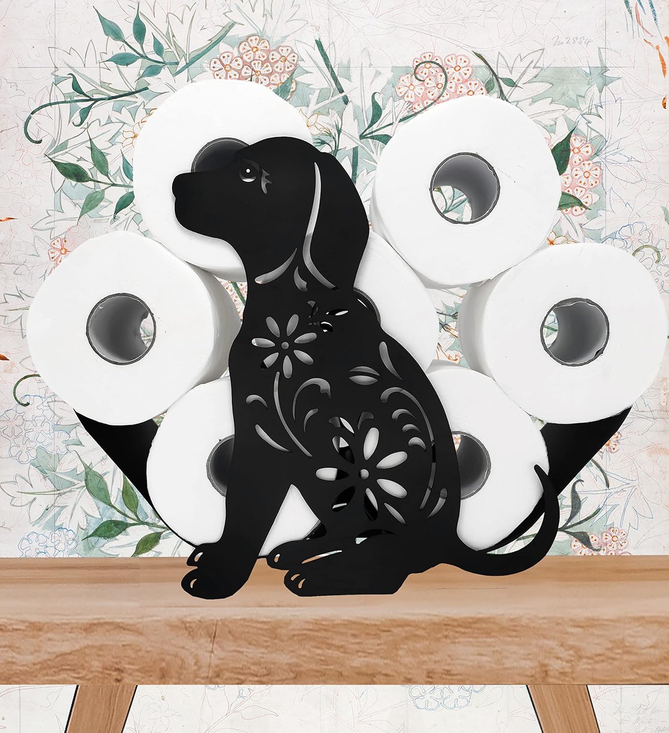 Dog Black Metal Toilet Tissue Holder, Decorative Animal Paper Holder, Funny FreeStanding Toilet Paper Organizer for Bathrooms, Holds Extra 8 Rolls