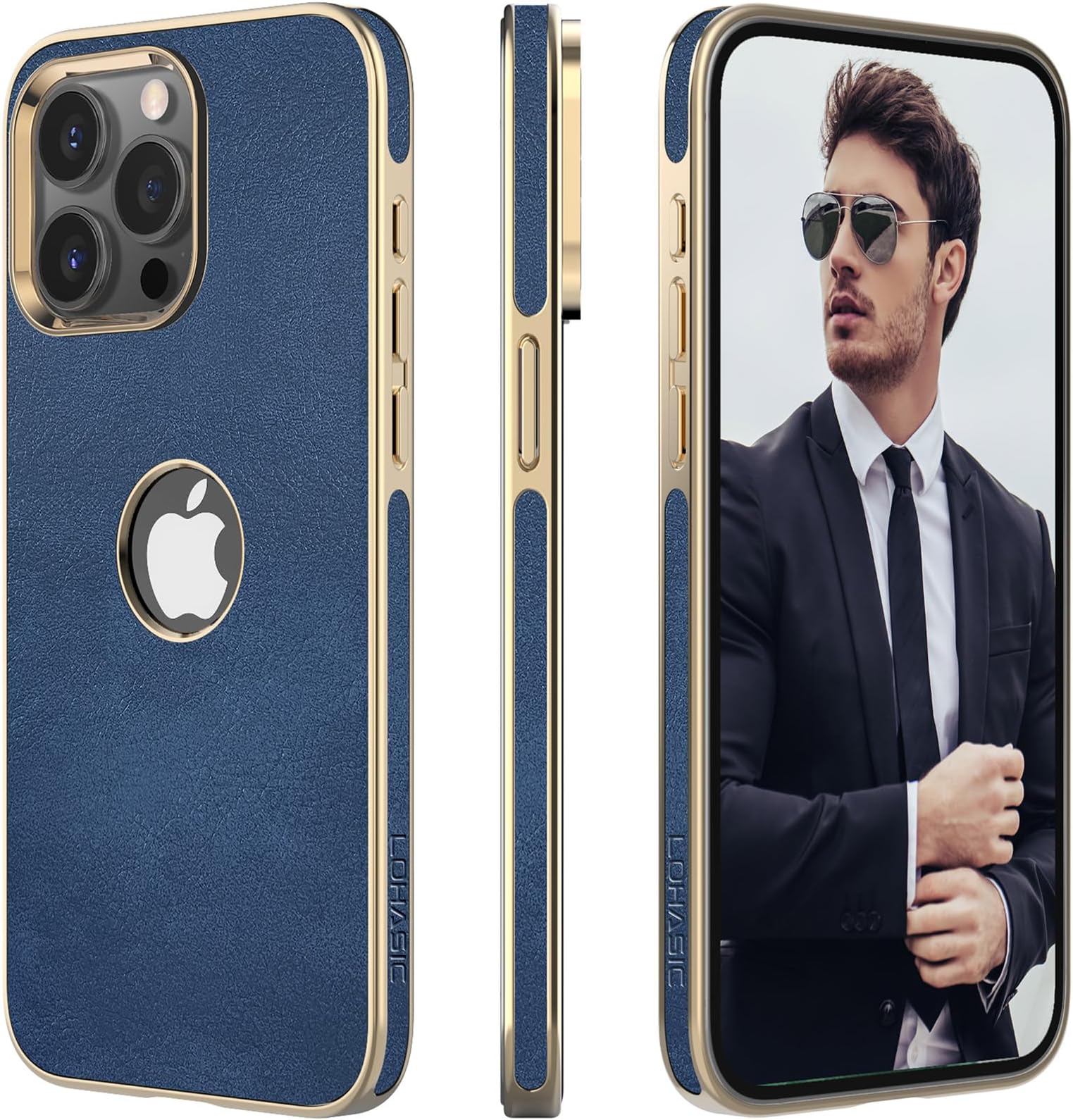 LOHASIC for iPhone 15 Pro Max Case Leather – Soft Designer Cover with Logo Cutout, Classic Aesthetic Minimalist i Phone 15 Pro Max Slim Case, Luxury Thin Cases for Men Women- Blue