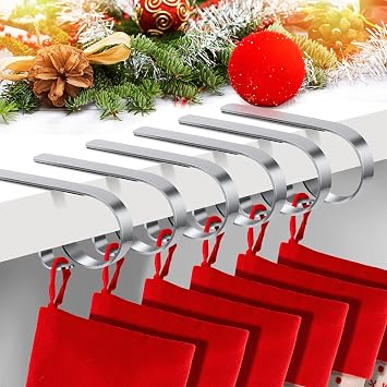 Christmas Stocking Holders for Mantle Set of 6, Non-Slip Adjustable Mantle Stocking Holders, Mantle Fireplace Stocking Hooks, Fireplace Stocking Hangers Set for Party Christmas Decorations, Sliver