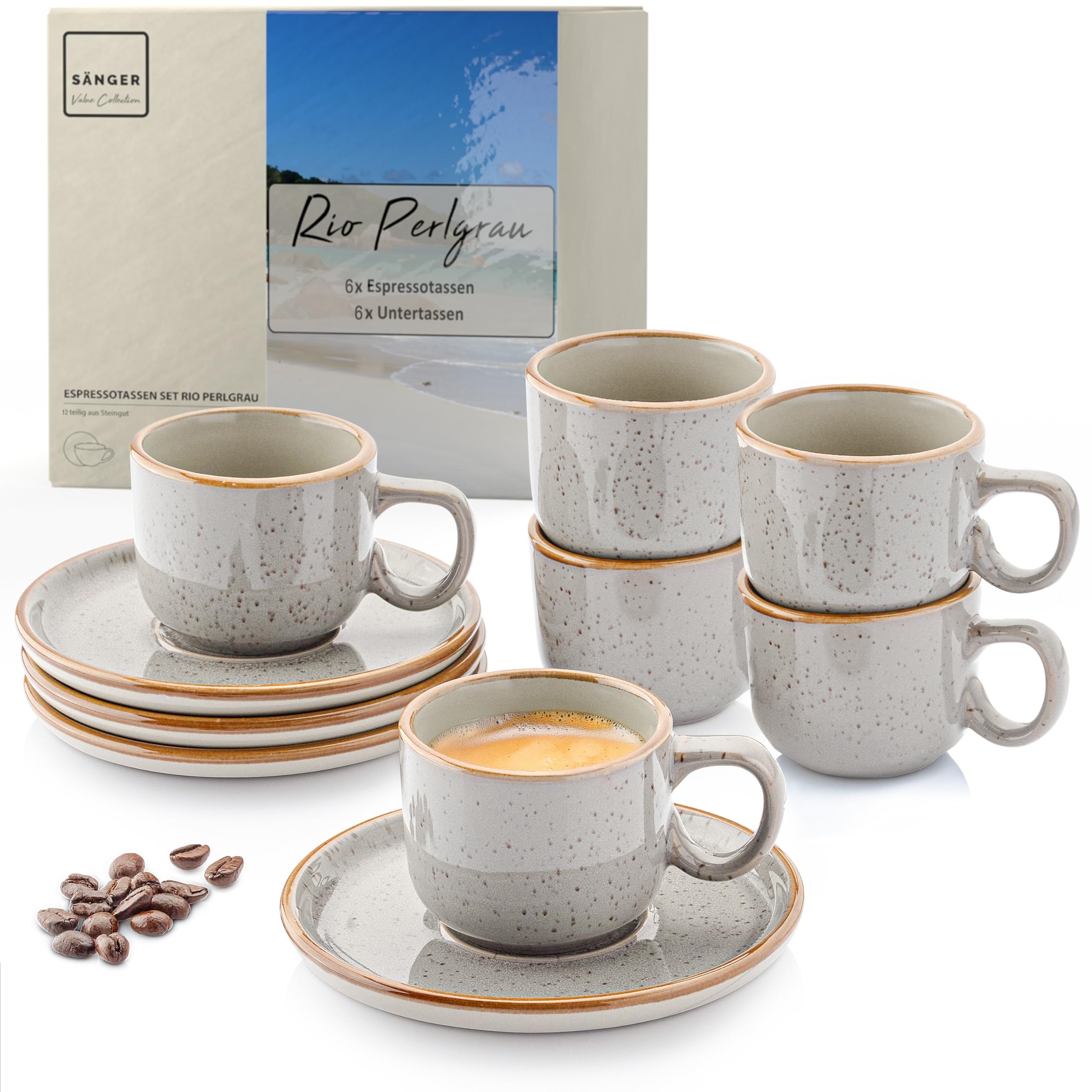 SÄNGER Rio Perlgrau | Espressotassen Set 12 teilig, Tassen Set 6 Personen, Espresso- & Mokkatassen, kratz- spülmaschinen- mikrowellenfest, 6xTassen & 6xUntertassen grau 80 ml | VALUE COLLECTION