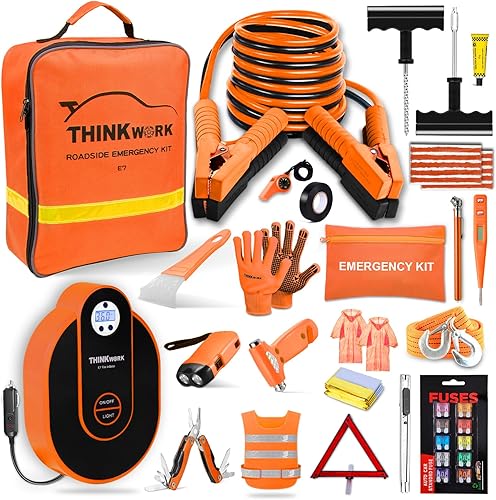 Miniatura 8 de THINKWORK - Kit de emergencia de automóvil, kit de asistencia de emergencia en carretera con cables de arranque de 10 pies, kit de primeros Rosado