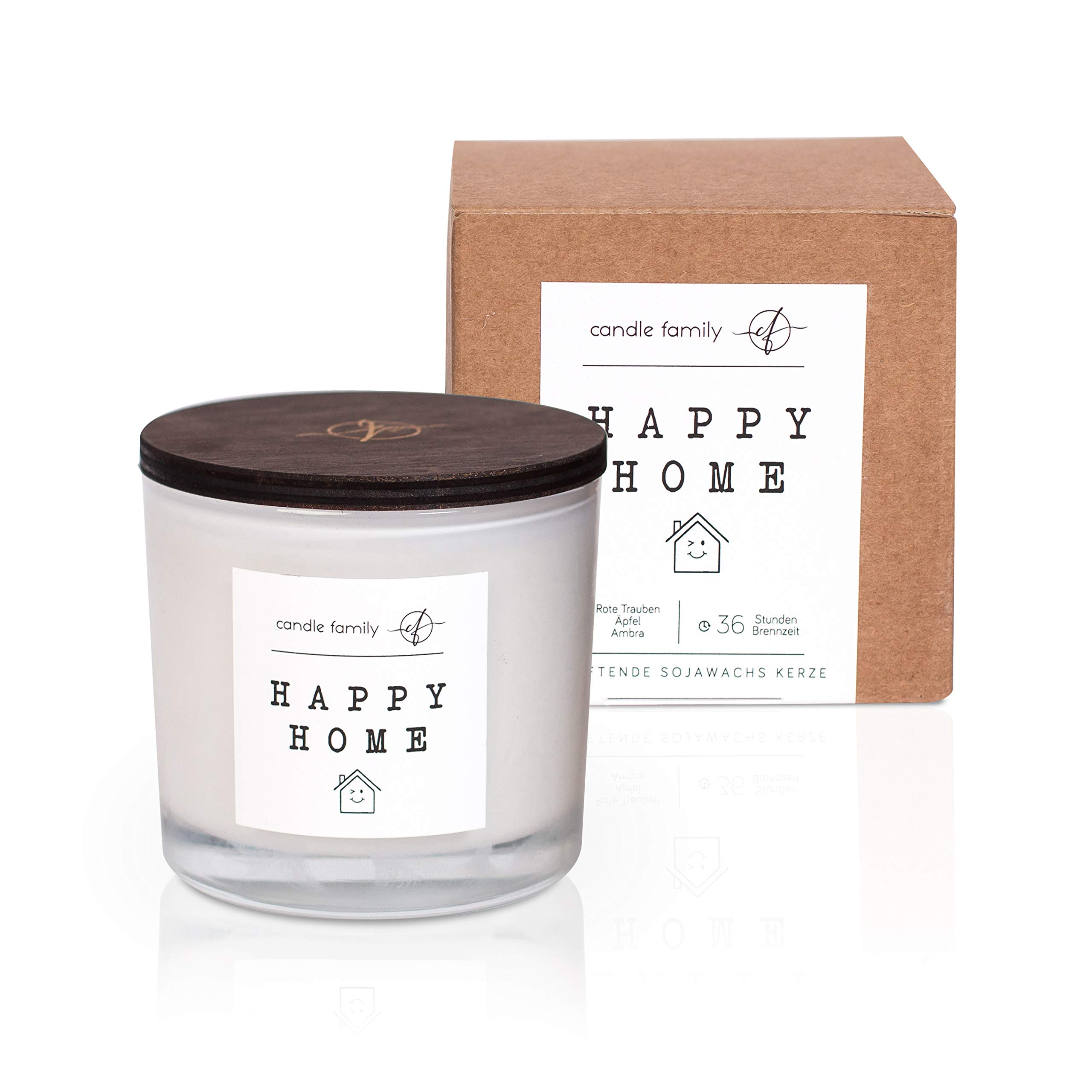 Candle Family Happy Home Bougie en cire de soja avec couvercle en bois élégant et parfum relaxant - Raisin rouge, pomme et ambre - Durée de combustion : 30 heures - 10 x 10 cm