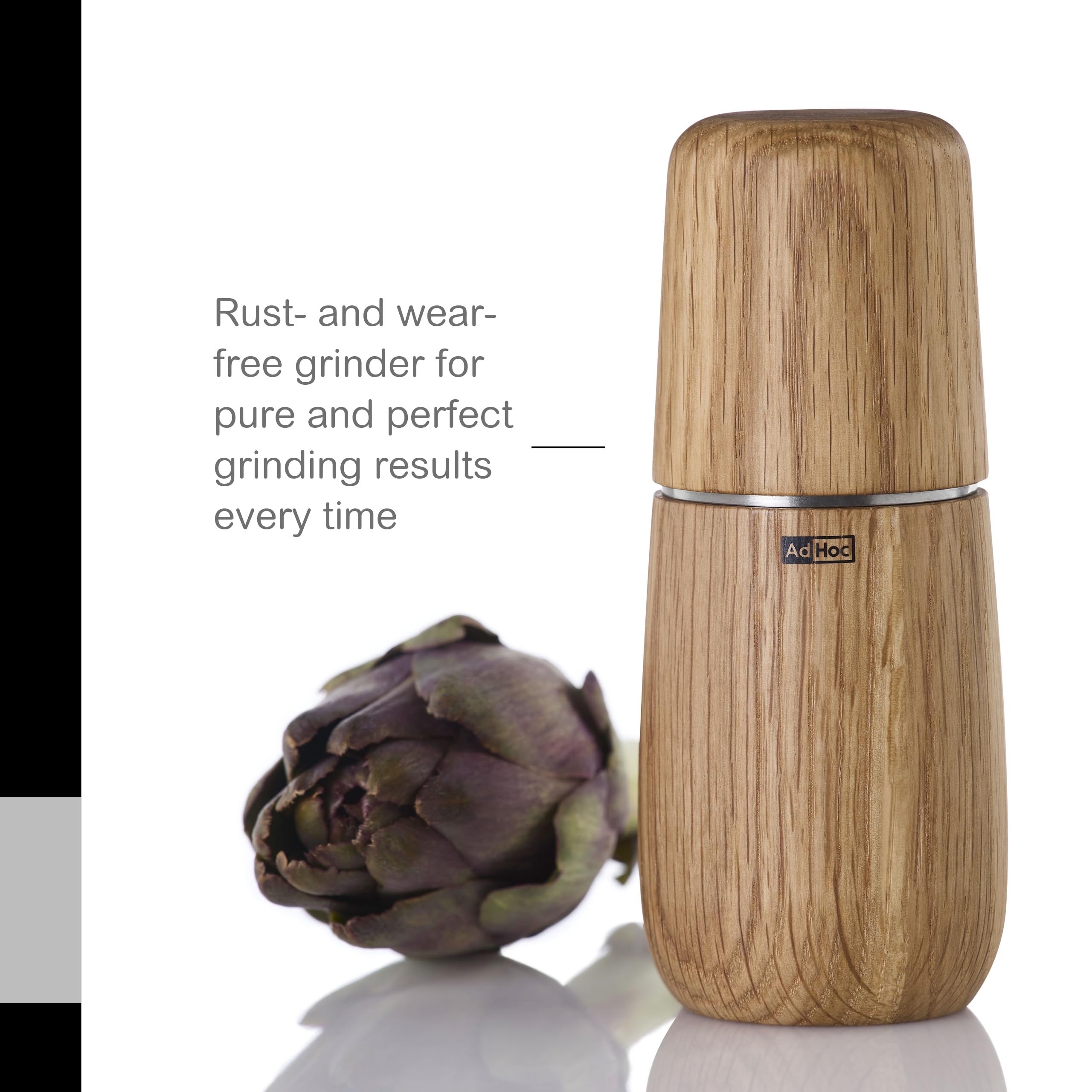 AdHoc Yono Gewürzmühle 15 cm – manuelle Mühle aus Eichenholz, geölt (hell) – Keramikmahlwerk stufenlos einstellbar – Premium Holzmühle für Salz und Pfeffer – Elegantes Design für Küche und Tisch