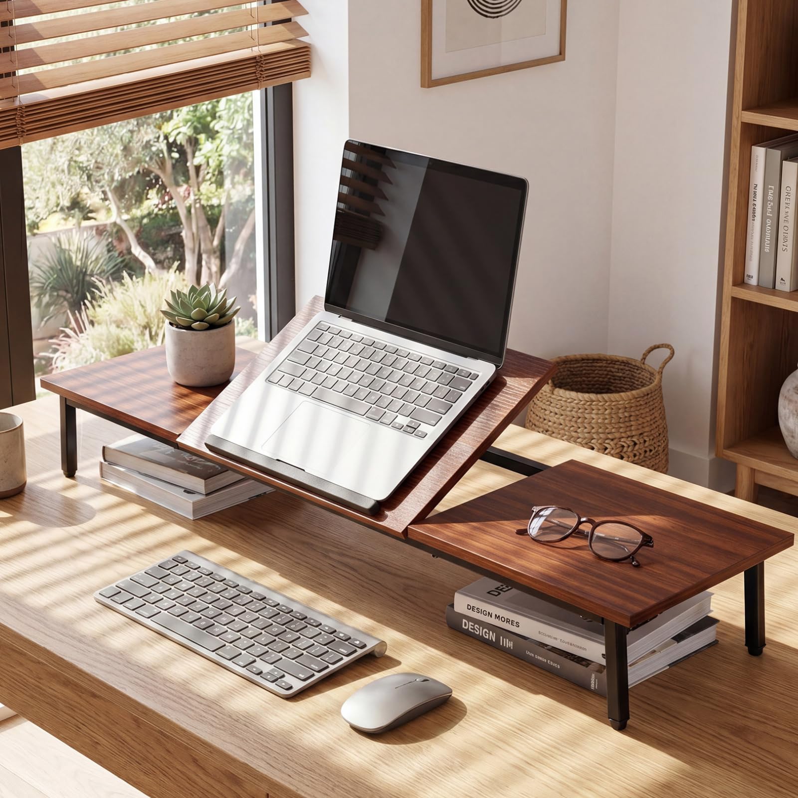 Dual Monitorständer, 2-in-1-verstellbarer Laptop-Tisch, 100*24*14CM Monitor Erhöhung Schreibtisch Monitorständer Holz Computer Monitor Stand, Ergonomische Bildschirmerhöhungm für Büro und Home Office