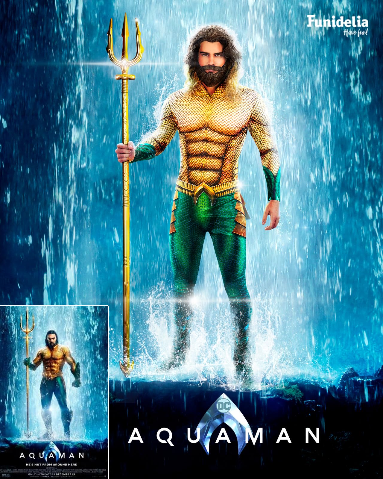 Funidelia Disfraz Oficial de Aquaman para hombre, Incluye mono y cinturón, Superhéroes - Traje para adultos para fiestas, Carnaval y Halloween, Talla M
