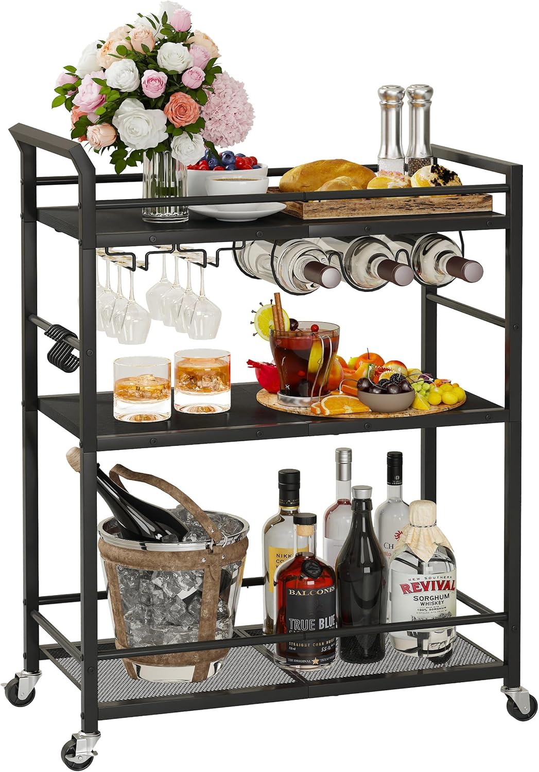 3 tier bar cart showing wine rack and glass holders on middle shelf