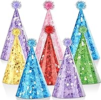 CHUNNIN 24PCS Glitter Cone Party Hats with Pompoms - Colorful Paper Headwear for Kids Adults Birthdays Baby Showers 7.8x5in