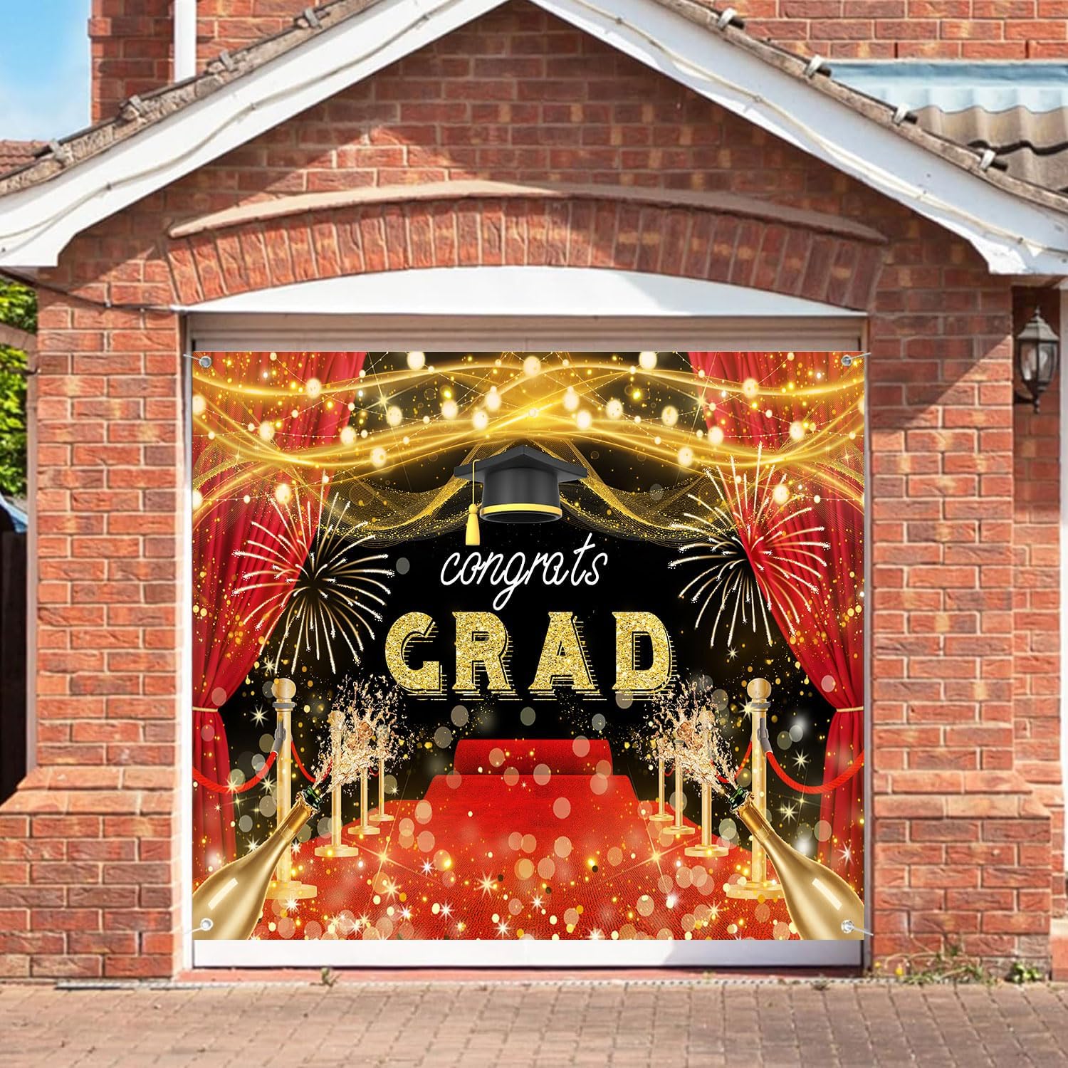 16X7FT Graduation Party Red Carpet Garage Door Banner Cover, Congrats Grad 2025 Class Garage Buddy Decorations Backdrop, Gold Black Bachelor Cap Outdoor Party Decor