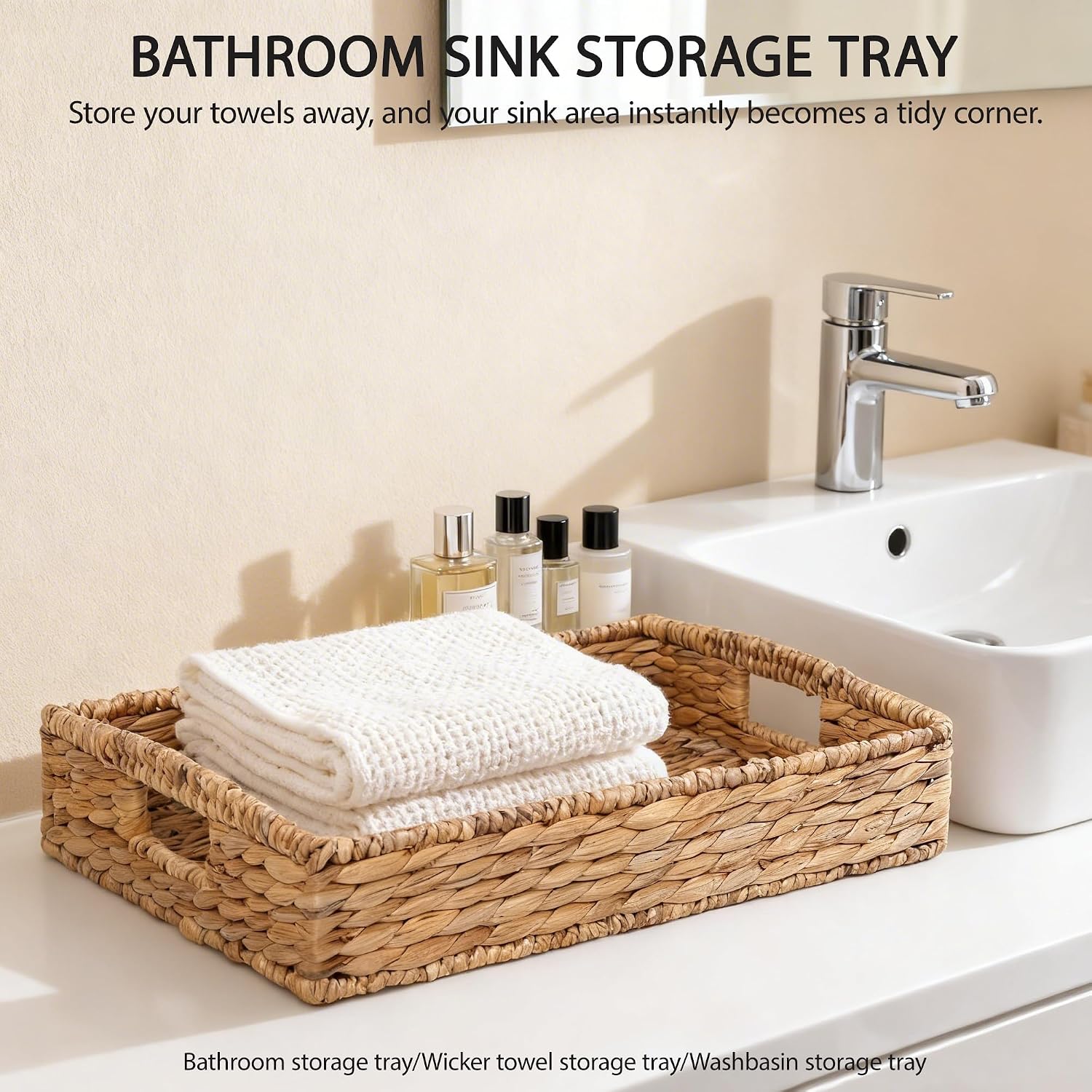 Hand Woven Water Hyacinth Storage Basket with Iron Frame, Natural Rectangular Wicker Organizer Basket for Bathroom Kitchen Bedroom Countertop Shelf Storage Basket for Home Organization (Basket Tray)