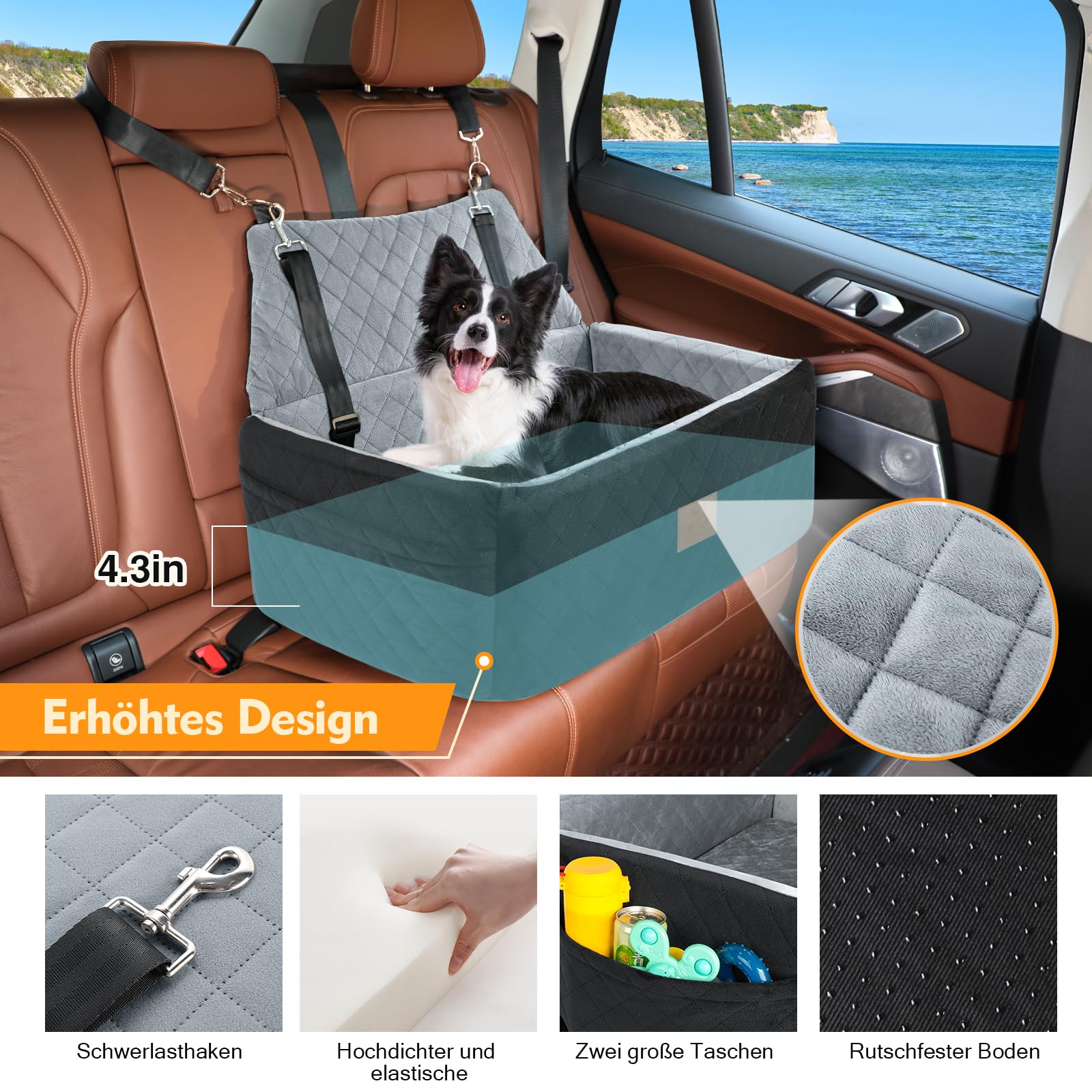 Hunde Autositz für Große&Mittlere Hunde, Hundesitz Auto für unter 55 lbs oder 2 kleine, Waschbar Hundeautositz für den Rücksitz mit dickem Kissen,2 Sicherheitsleinen