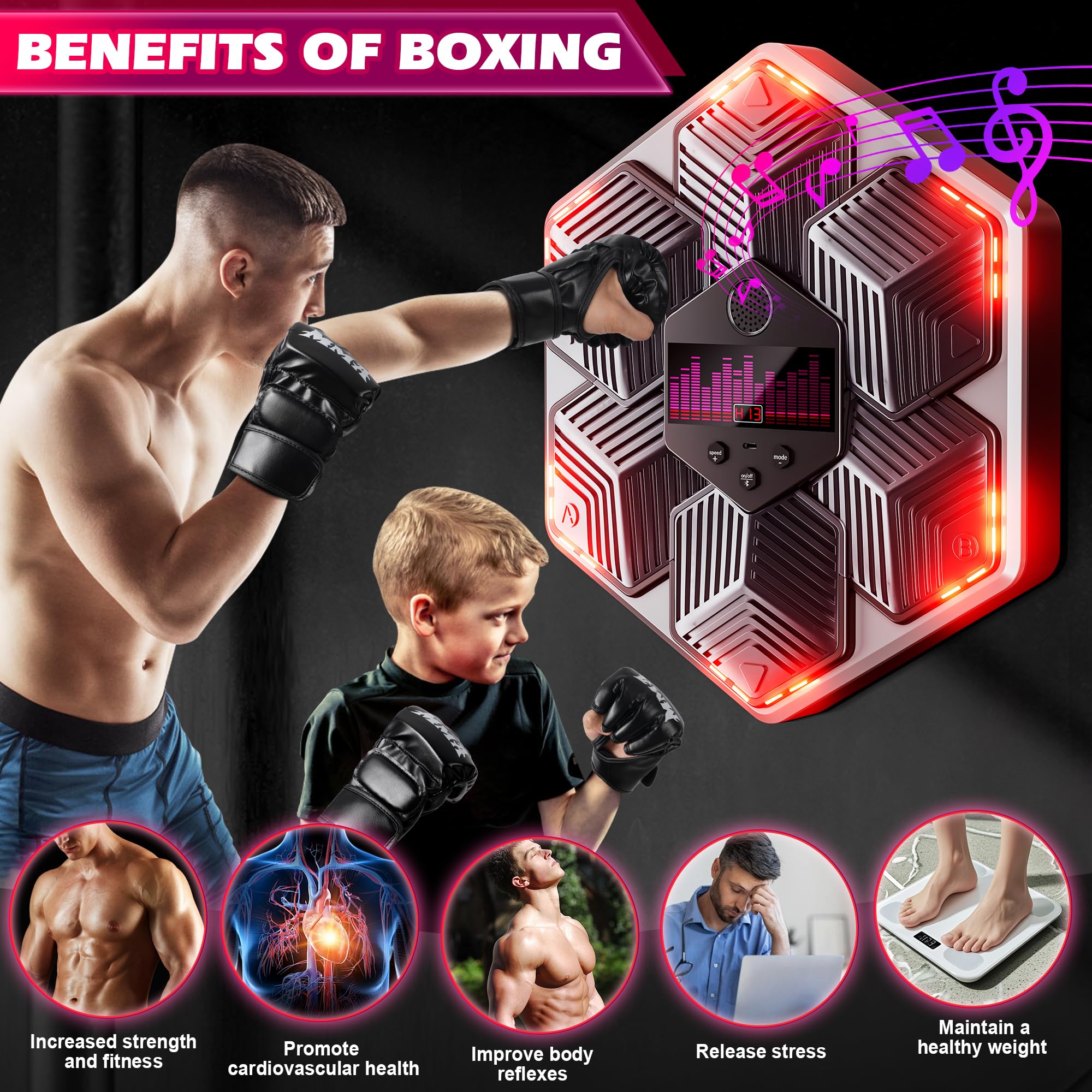 Music Boxing Machine Adulti - 14 modalità di 16 velocità Macchina da Boxe Musicale Pugile con Guanti da Boxe - LED Parete Tira Pugni con Musica - Bluetooth Boxe Allenamento per Casa