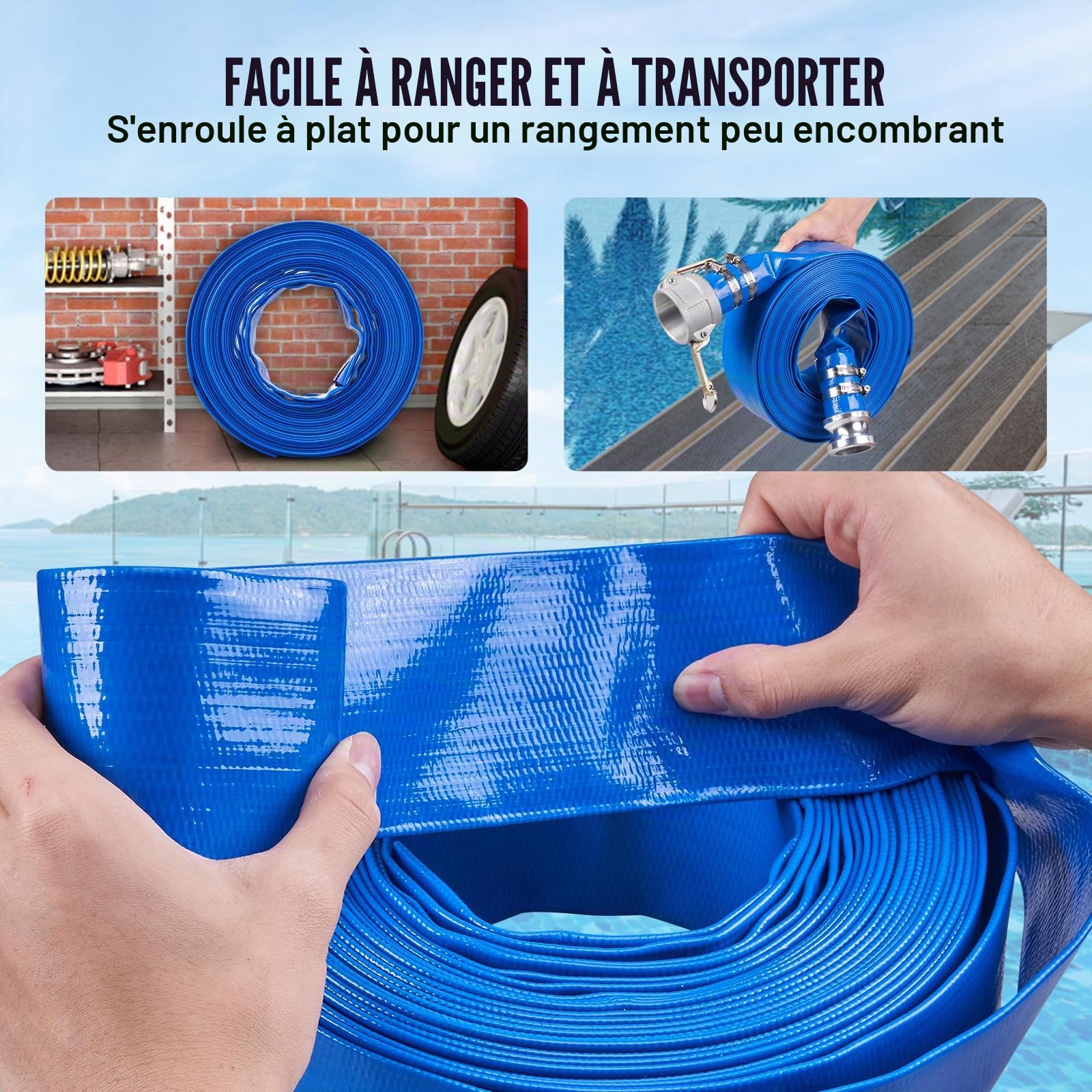 VEVOR Tuyau de lavage à contre-courant, 2 po x 50 pi, tuyau de décharge plat en PVC robuste avec raccords Camlock C & E en aluminium, pinces, compatible avec les pompes, filtres à sable, pour vidange