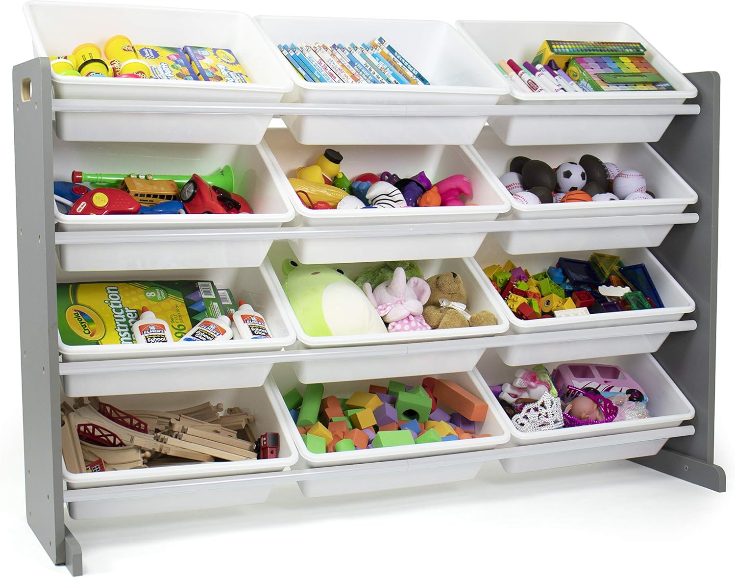 Humble Crew 12-Bin Toy Organizer – Extra-Wide Kids’ Storage Rack with Large Plastic Bins, Grey Wood Frame & White Totes, 4-Tier Organizer with Anti-Tip Kit