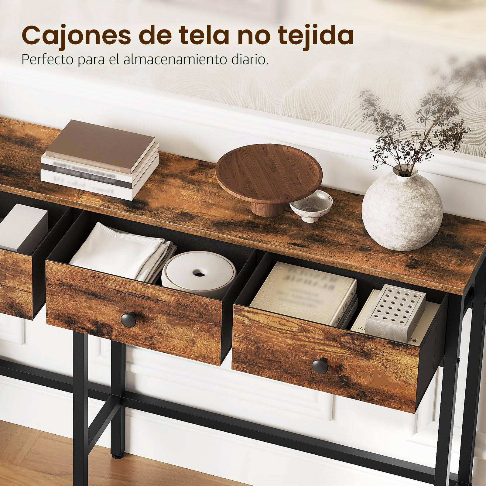 YATINEY Mesa de Entrada Estrecha y Larga, Mesa de Sofá de 160 cm, Consola Industrial, para Vestíbulo con 4 Cajones de Tela, para Salón, Entrada, Pasillo, Marrón Vintage y Negro XCT40BR
