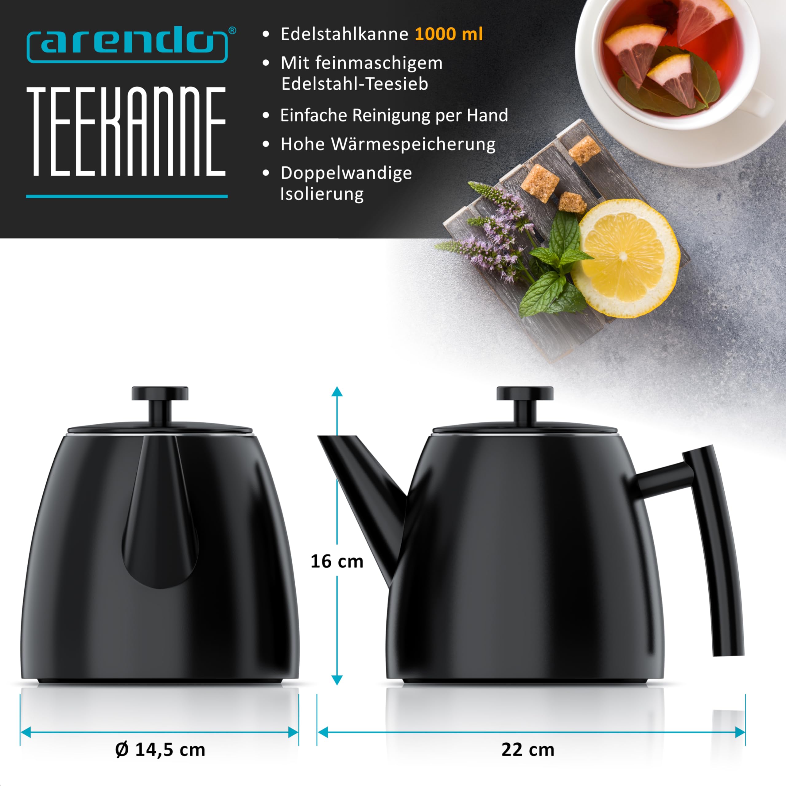 Arendo - Teekanne mit Sieb 1000 ml - Teekanne Thermo doppelwandig inkl. Siebeinsatz – Edelstahl - spülmaschinengeeignet - hygienisch - pflegeleicht – Luftausgleichsöffnung - Schwarz