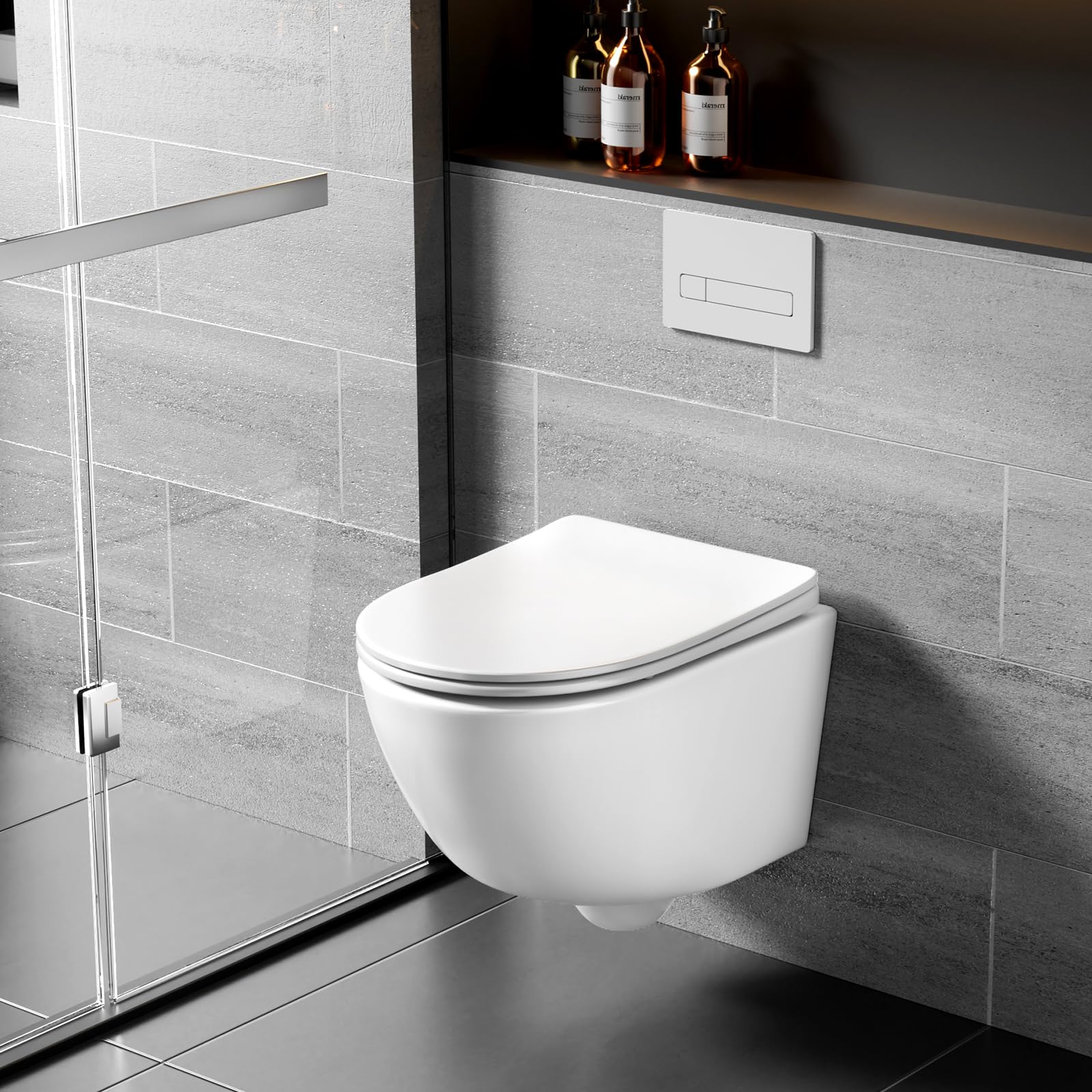 Rainsworth Inodoro de pared sin borde - Inodoro colgante de potente descarga, con tecnología de descarga eficiente, taza de inodoro incluida con asiento de descenso automático y sujetador rápido
