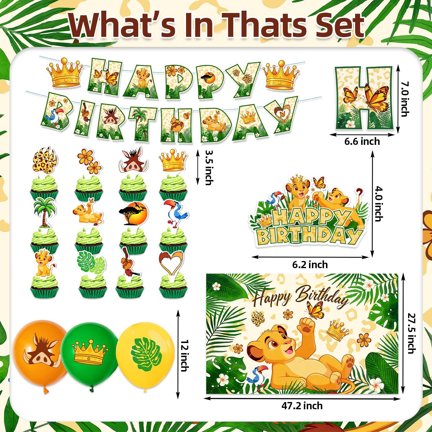 42pcs Lion Birthday Party Decorations Includes Cake Toppers,Cupcake Toppers, Banner, Backdrop, Balloons - Lion Theme Party Supplies