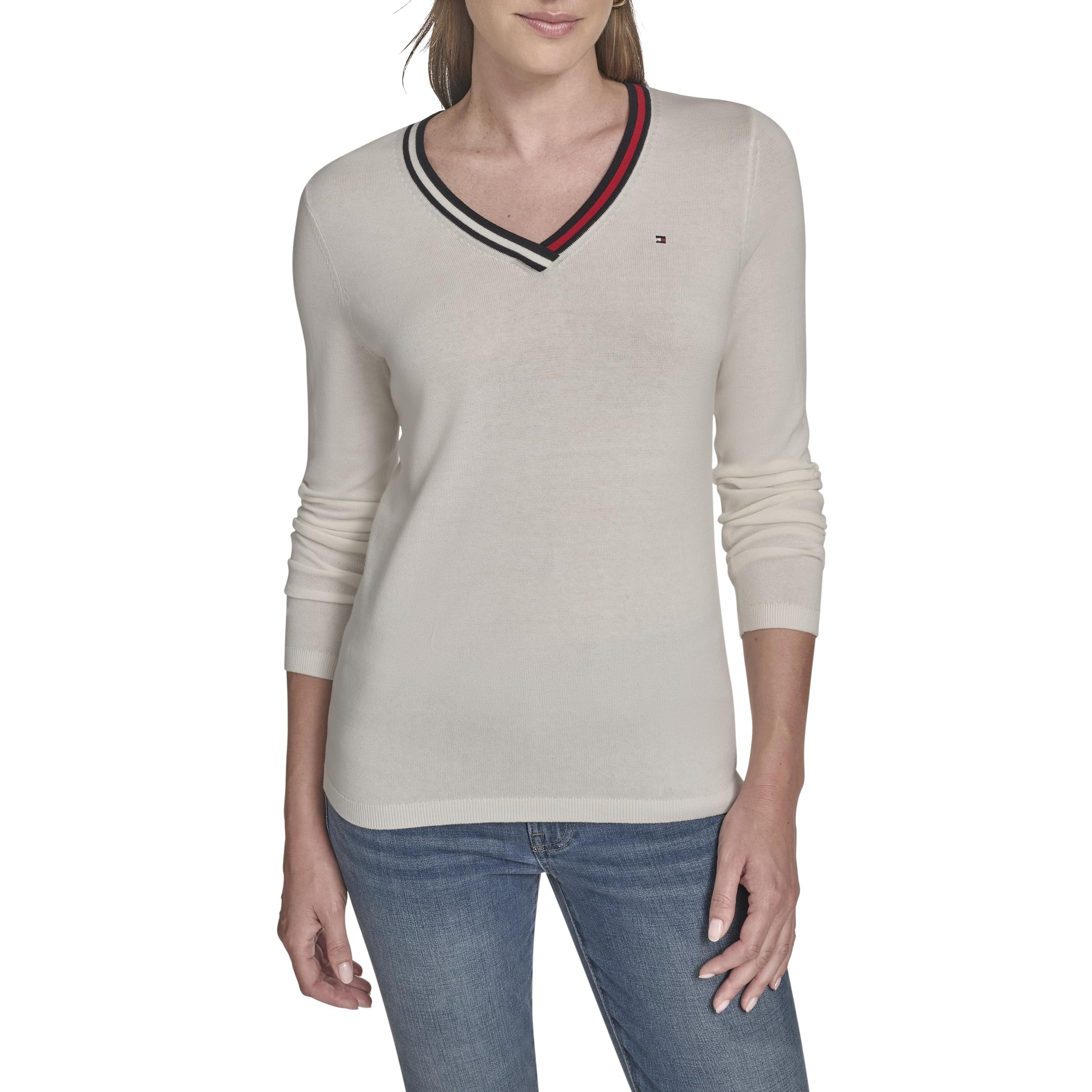 Tommy Hilfiger Womens Solid Long Sleeve V-Neck Cotton Sweater