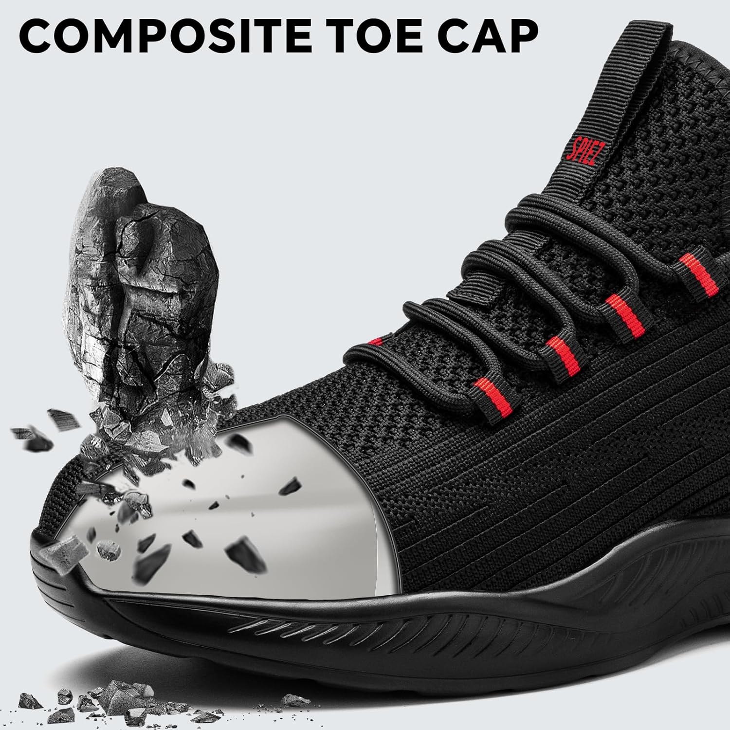SPIEZ Safety Shoes for Men Women, Lightweight Composite Toe Work Shoes, Slip-Resistant with Air Cushion Comfort, Black/Red, US 4.5–13.5 - Image 6