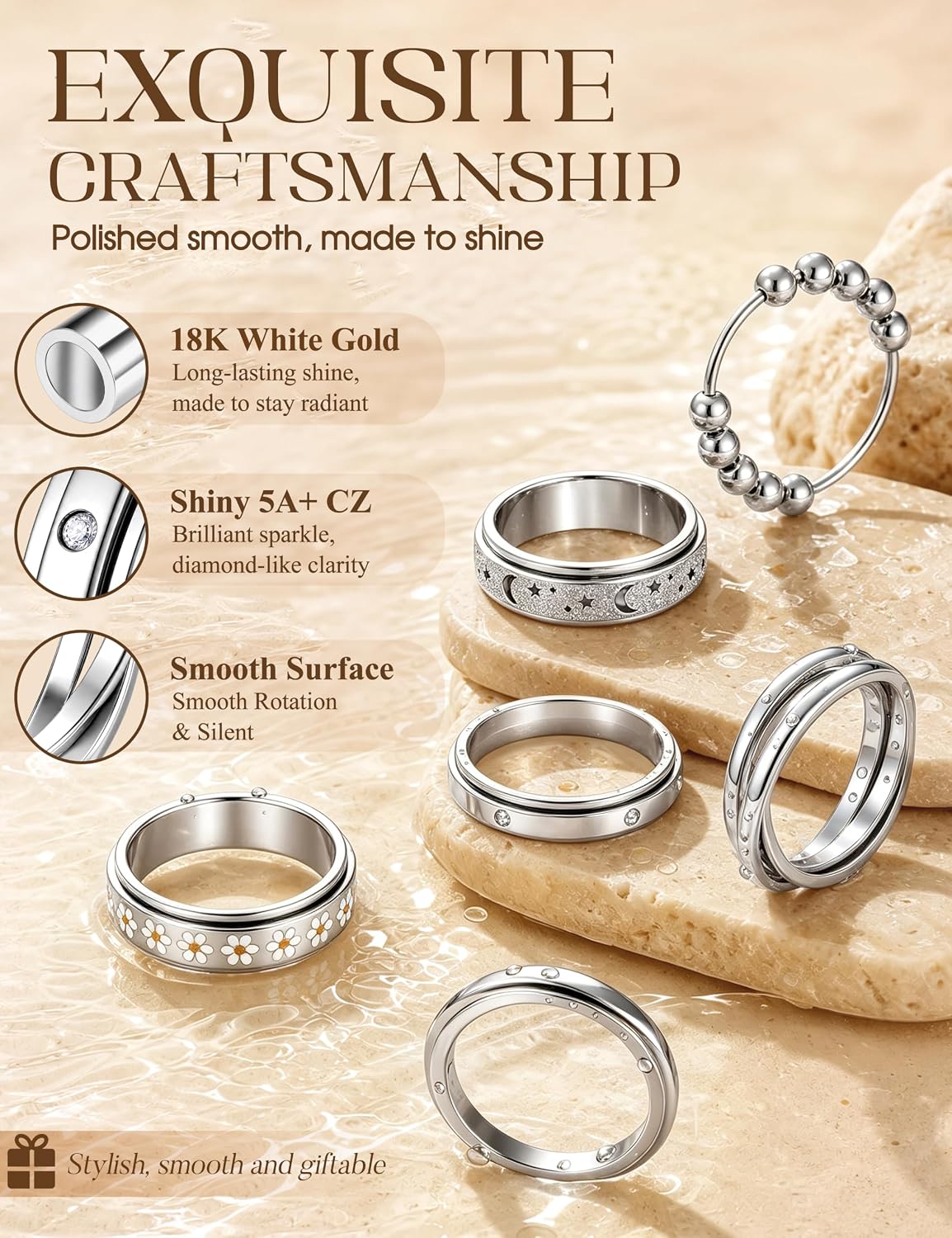 CASSIECA Fidget Ring for Women Stainless Steel Anxiety Band Silver Ring Set image 4