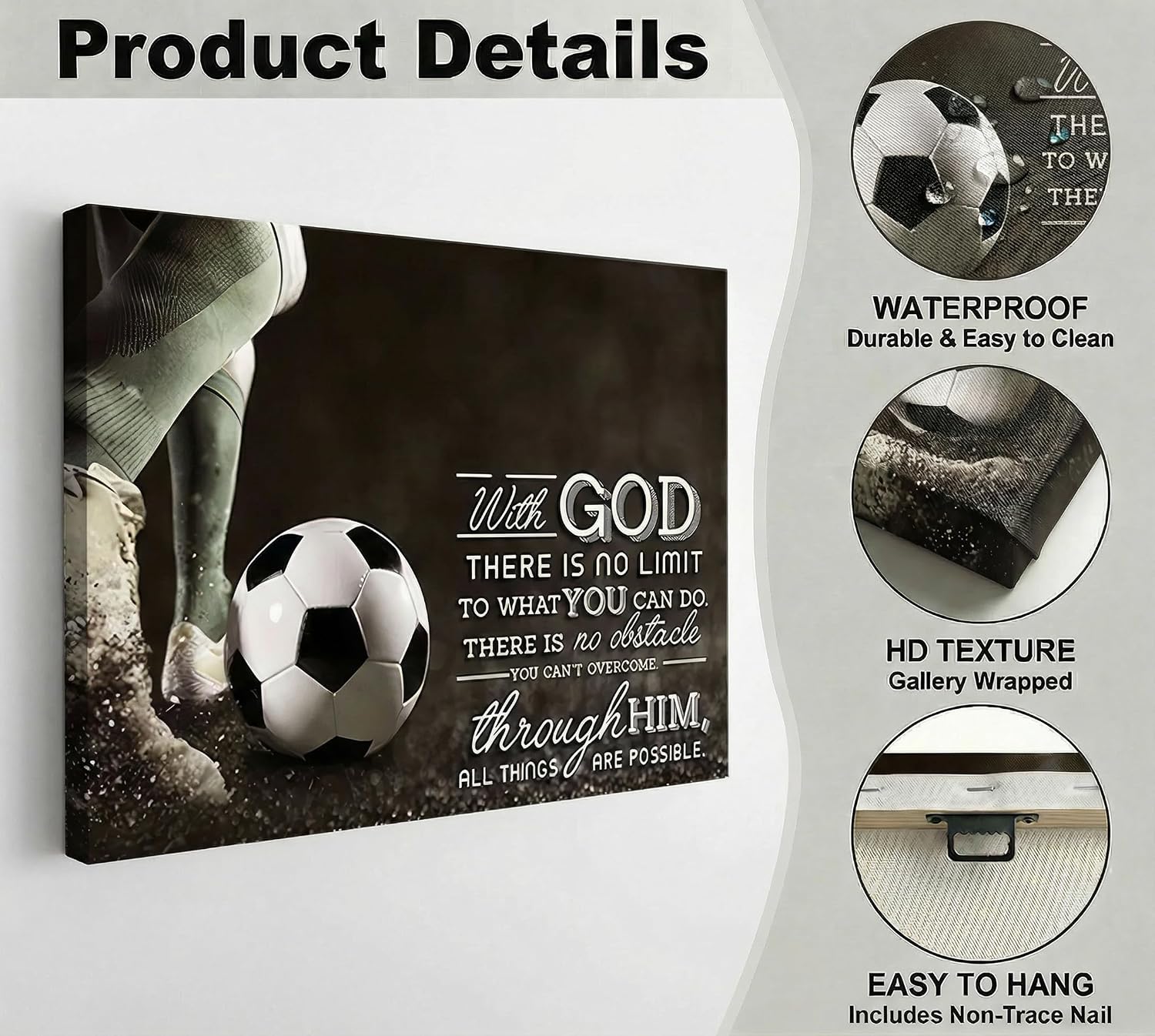 Soccer Inspirational Canvas Wall Art Motivational Quotes Picture Painting Wall Decor Christian Boy Everything is Possible Poster Print for Sports Lovers Bedroom Study Office Artwork Home Decoration