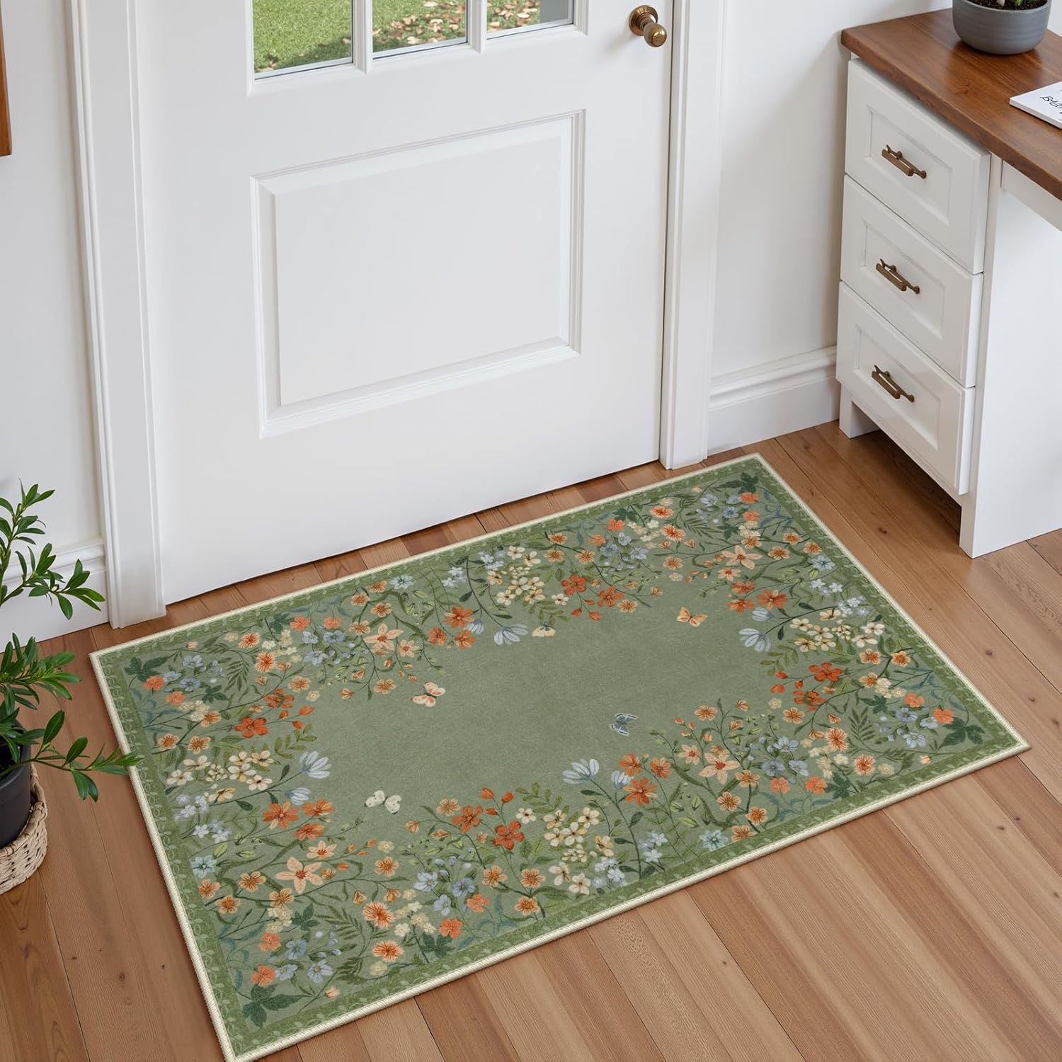 Lahome Boho Floral 2x3 Kitchen Rugs Green Door Mat Indoor