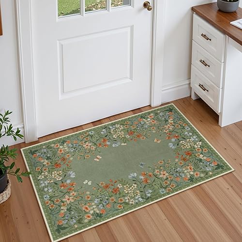 Lahome Alfombra de cocina con estampado floral bohemio de 2 x 3 pies, color verde, lavable a máquina, tapete pequeño de baño, tapete suave y