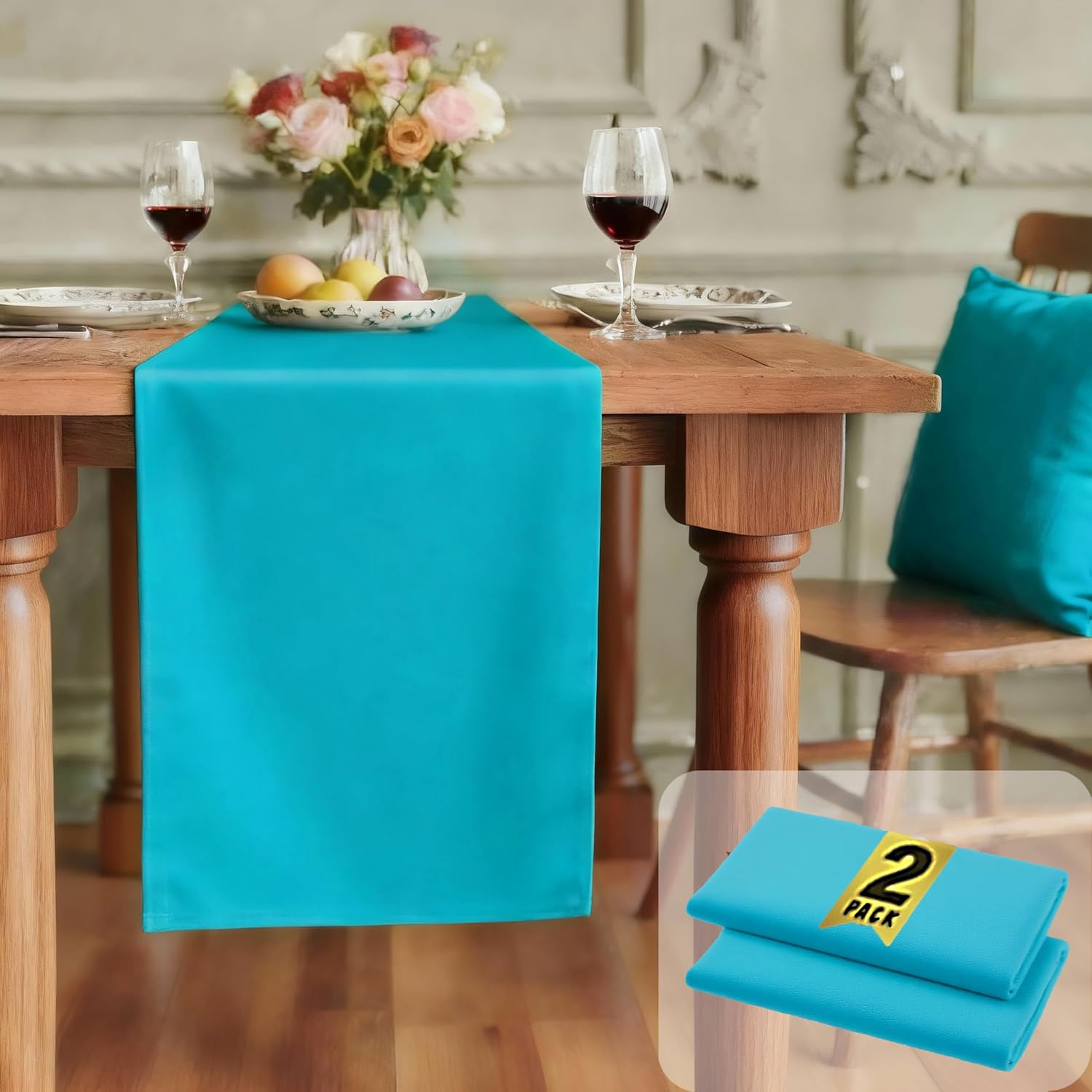 FOLINS&HOME 2 Pack Teal Waterproof Decorative Table Runner 36 Inches Long