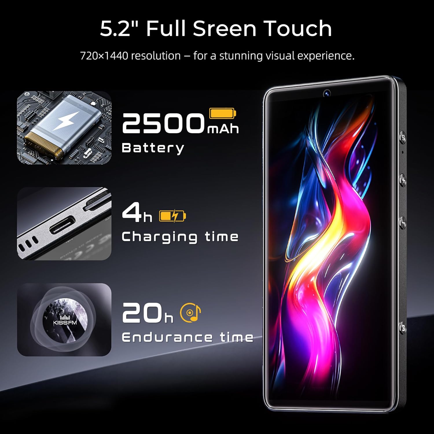 HIFI WALKER G7 Pro Portable Media Player with Android 13, 5.2" Touchscreen Music & Video Player with WiFi Bluetooth, Google Play Apps, Dual Camera, Speaker, 32GB Expandable Storage (Black, 160GB)