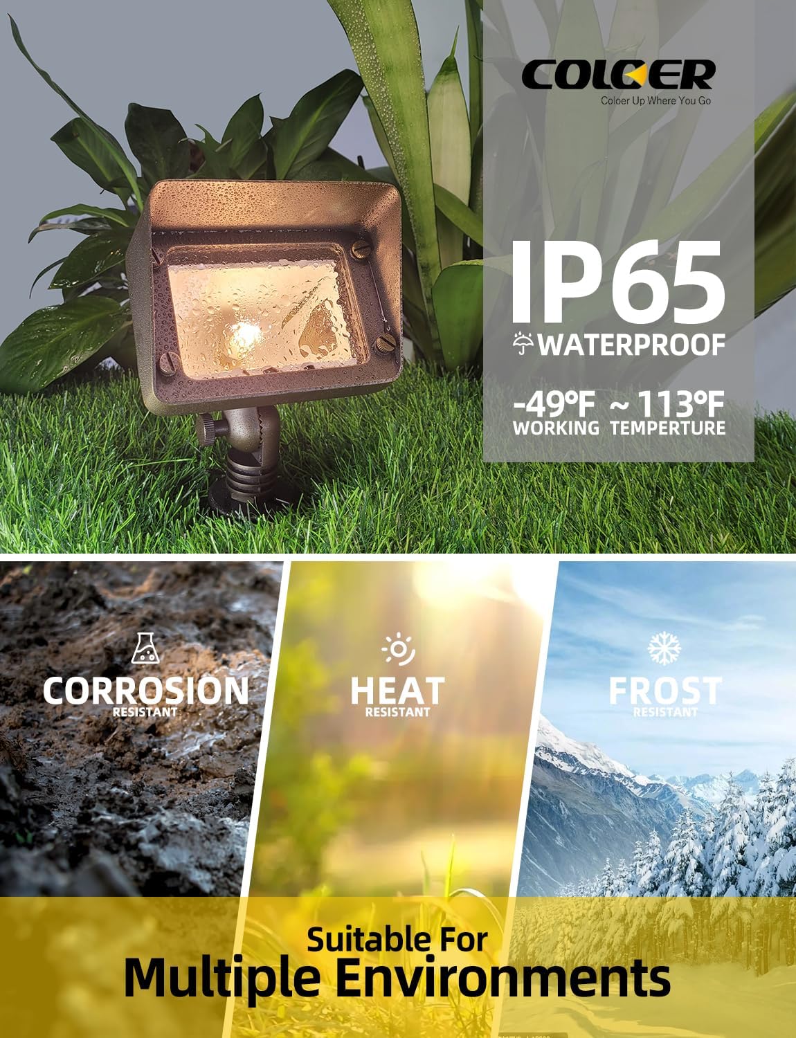 COLOER Brass Flood Lights with 4W 2700K LED G4 Bulb, 12V Low Voltage Landscape Floodlights for Outside, Outdoor Wall Lights Illuminating Signs, Walls and Tree