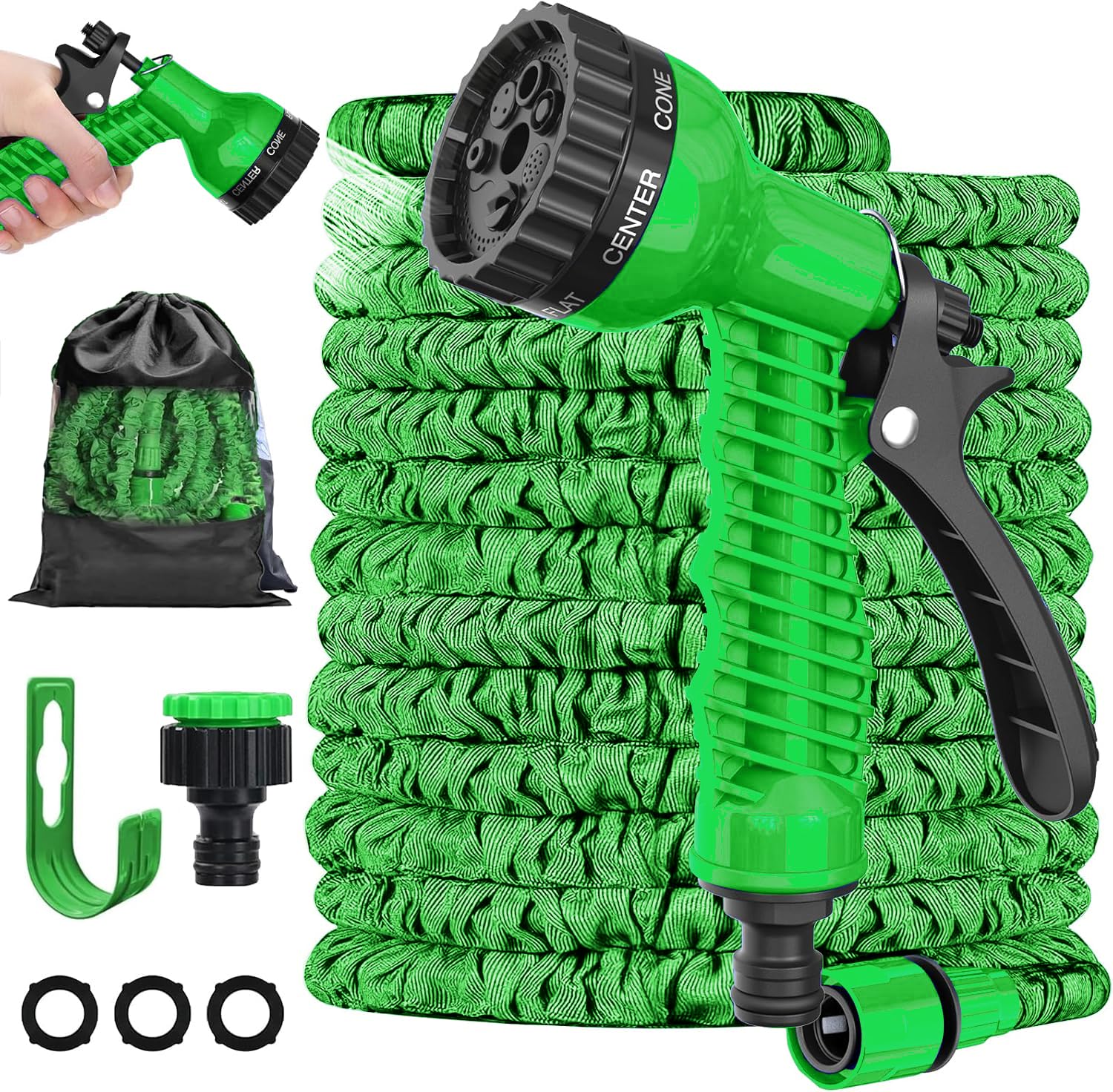 LINGKY 50FT Expandable Garden Hose Pipe, Upgraded Expanding Water Hose with 7 Function Spray Nozzle Gun, 1/2"& 3/4" Fittings, Flexible Lightweight Anti-Kink Durable (15M/50FT,Green)