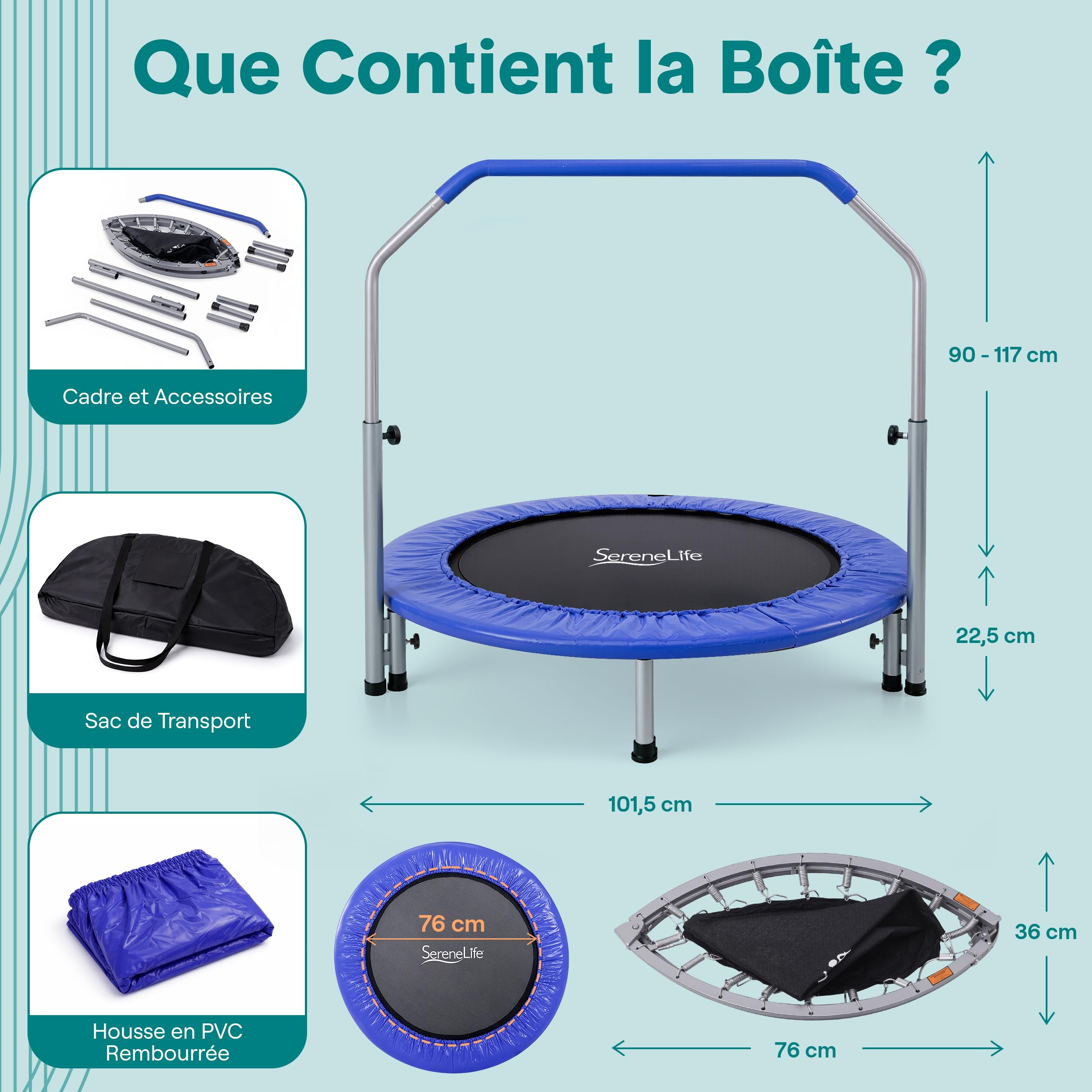 SereneLife Trampoline Pliable 102 cm – Mini Trampoline de Fitness Compact pour Enfants et Adultes, Rebondisseur d’Exercice, Équipement d’Entraînement Intérieur/Jardin, Design sans Ressort, Max. 90 kg