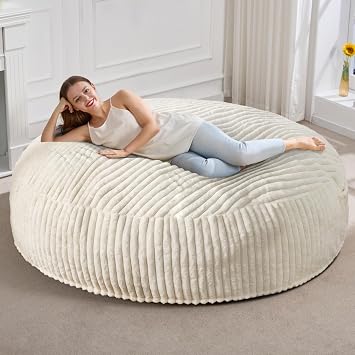 Hobestluk 6ft Bean Bag Chair for Adults Large Bean Bag Chair with Stripes and Plush Cover, Big Bean Bag Chair for Living Room, Bedroom, Dorm, Office, White 70" x 70" x 15"