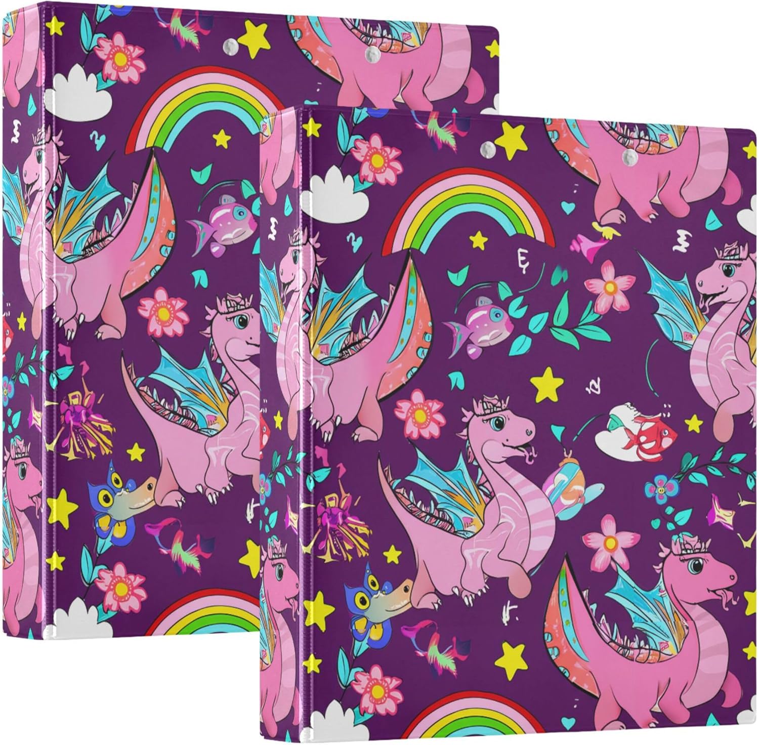 Cute Colorful Dragons 3 Ring Binders, 1.5” Round Ring Binders with Clipboard - Letter Size, 3 Interior PVC Clear Pockets & Anti-Slip Clip for Office School Supplies, 2PCS