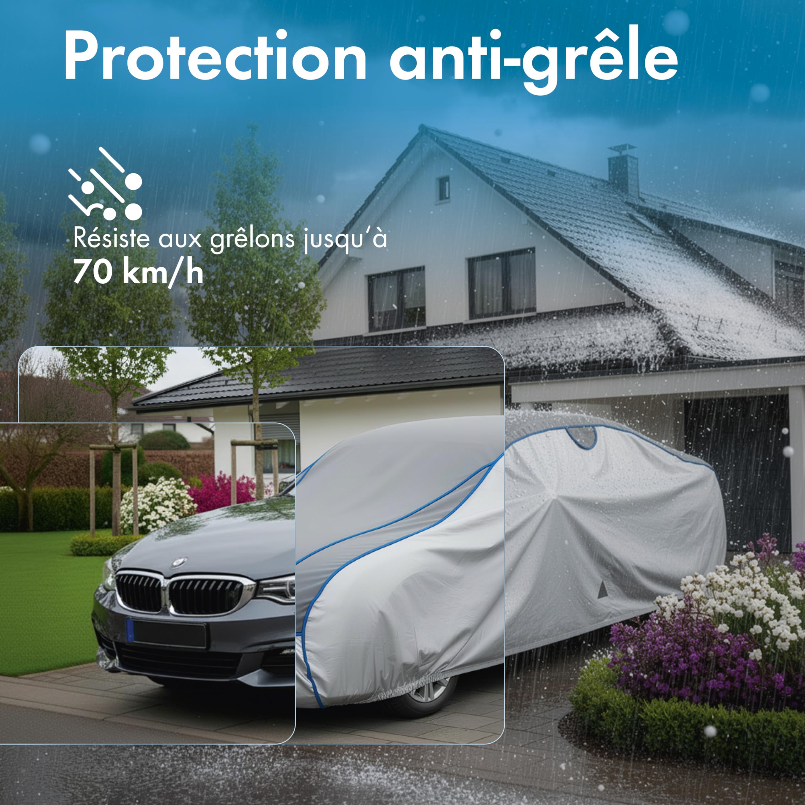 WALSER Housse de Protection Anti-grêle Voiture, bâche Anti-grêle, Housse de Voiture déperlante, Housse complète extérieure, Housse SUV/Van, bâche véhicule SUV L Longueur Max. 461-490 cm Argent/Gris - 3