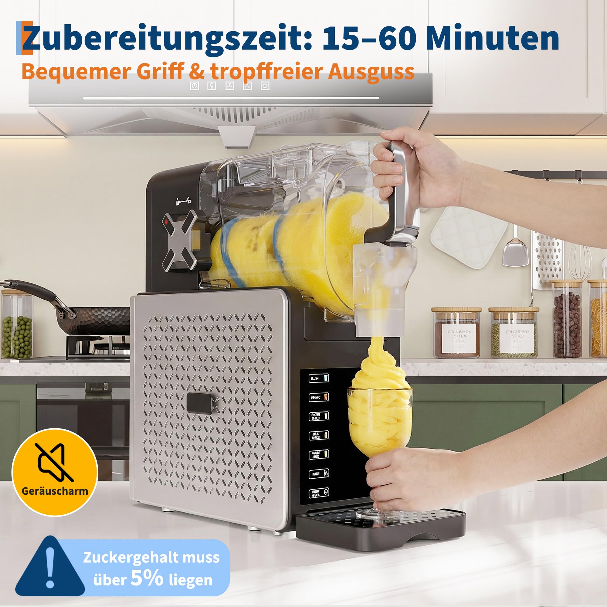 Macchina per Granita 1,9L Grande Capacità, RapidChill Tecnologia, 5 Programmi, Autopulizia, Silenziosa, Tutto-in-Uno per Slushie, Frappé, Milkshake, Cocktail, Facile da Pulire