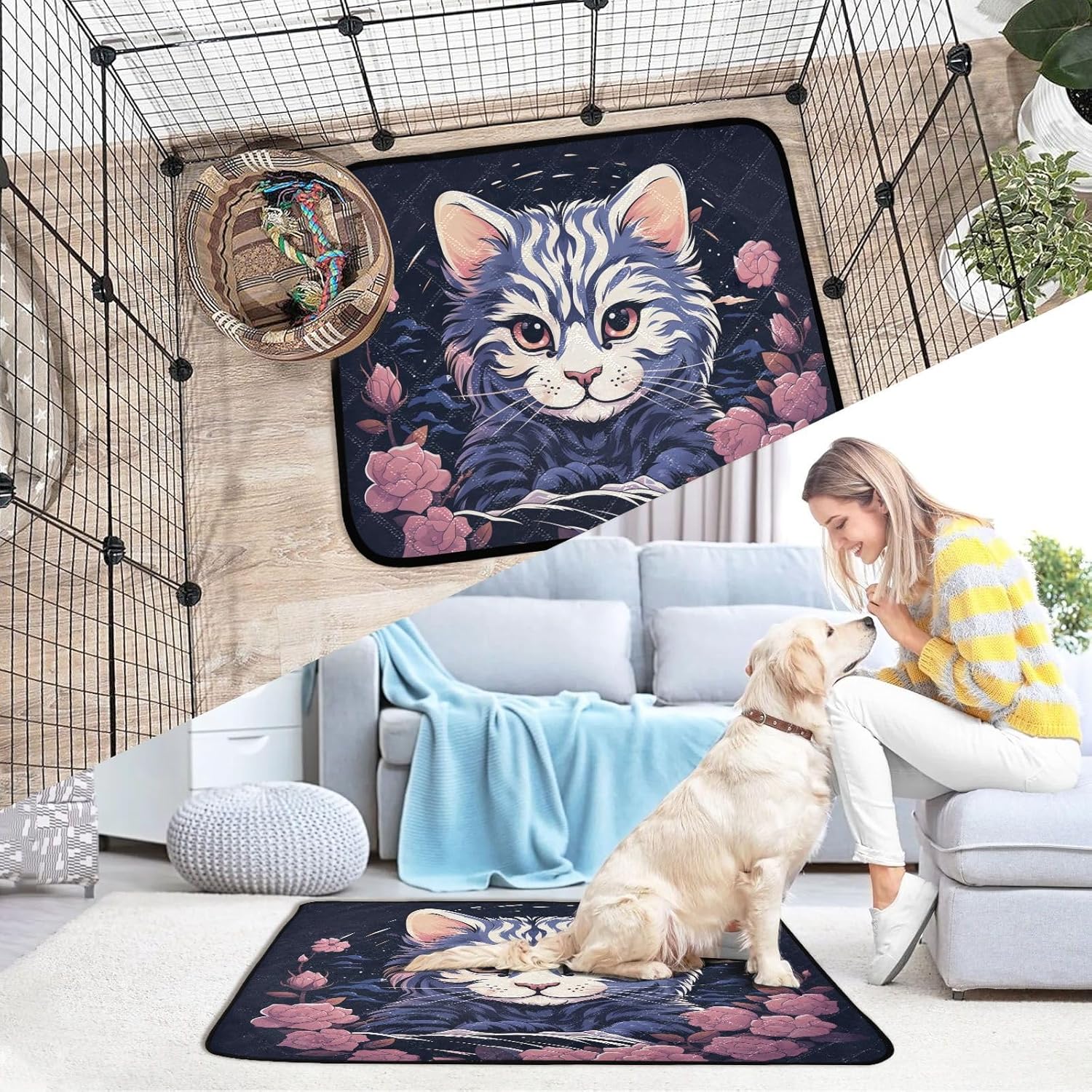 Cat Portrait Flower Pet Mat Reusable Feeding Mats for Food and Water Non-Slip Pee Pads for Dogs Cats 2 Packs