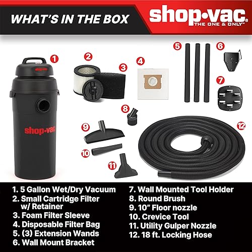 Miniatura 7 de Shop-Vac 9522205 Aspiradora colgante en húmedo y seco de 5 galones y 5.5 picos, manguera de 1.25 pulgadas de diámetro x 18 pies, cable de 6 pies,